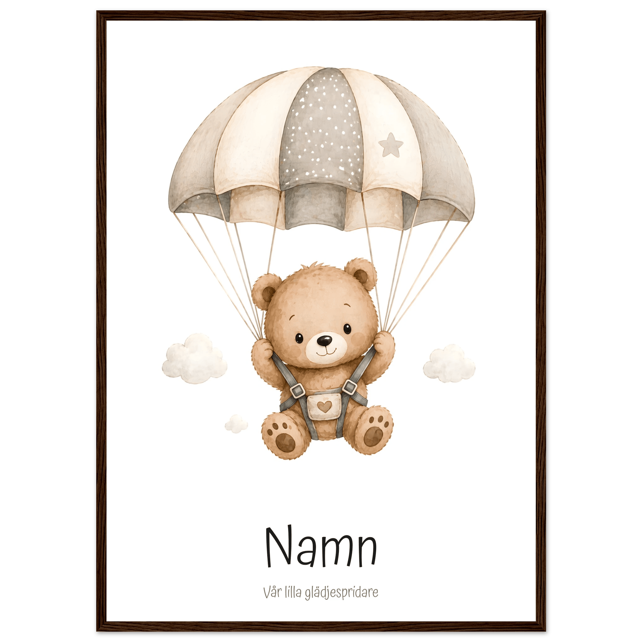 Björn med fallskärm och namn poster