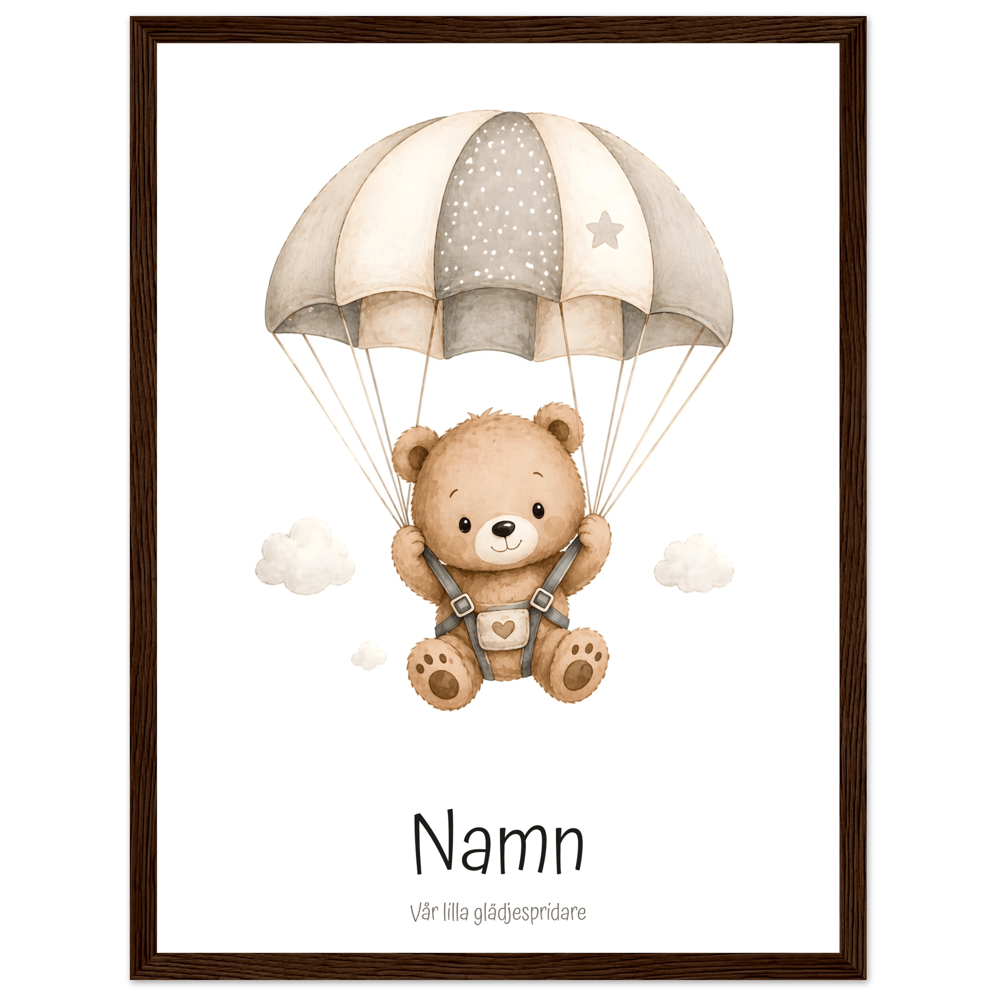 Björn med fallskärm och namn poster
