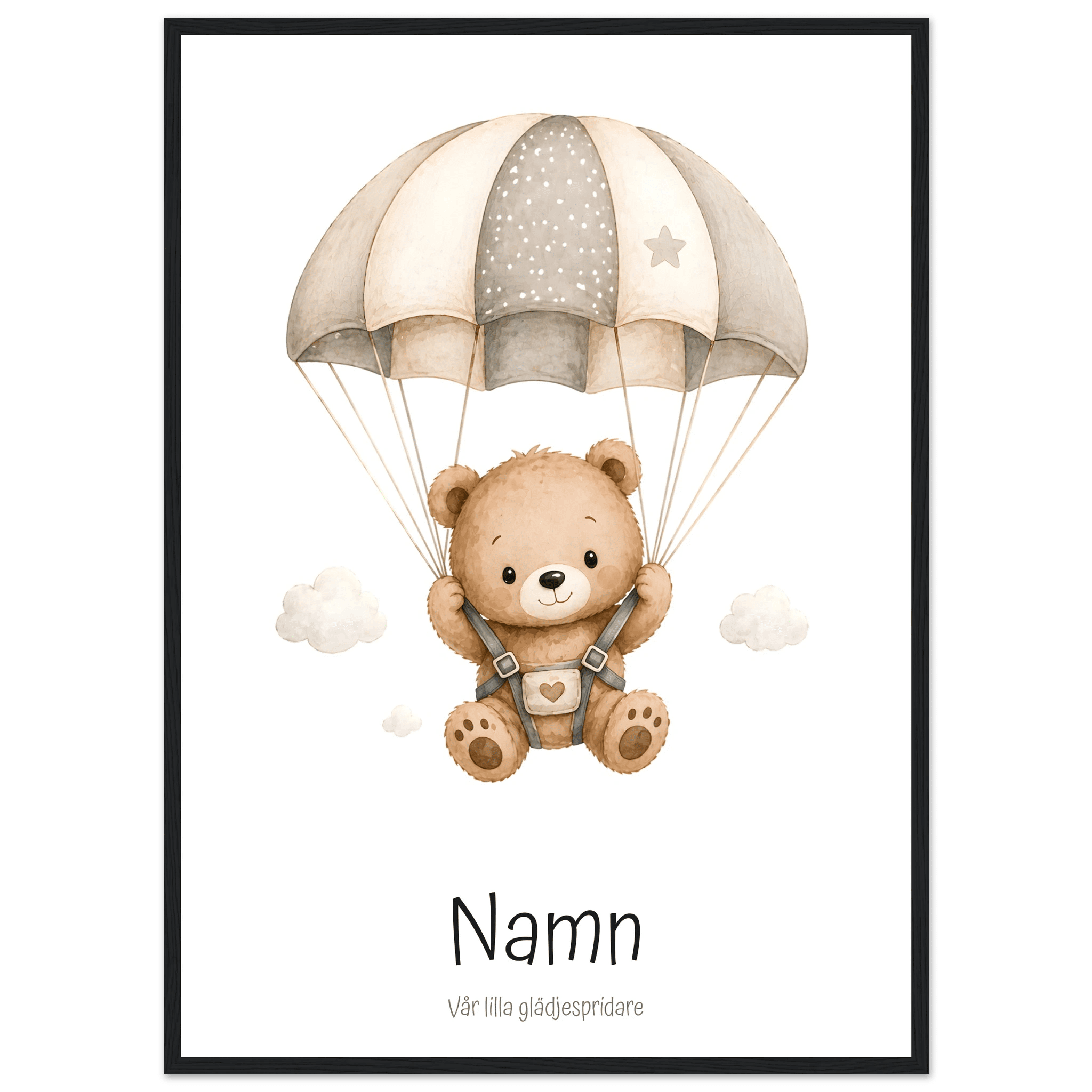 Björn med fallskärm och namn poster