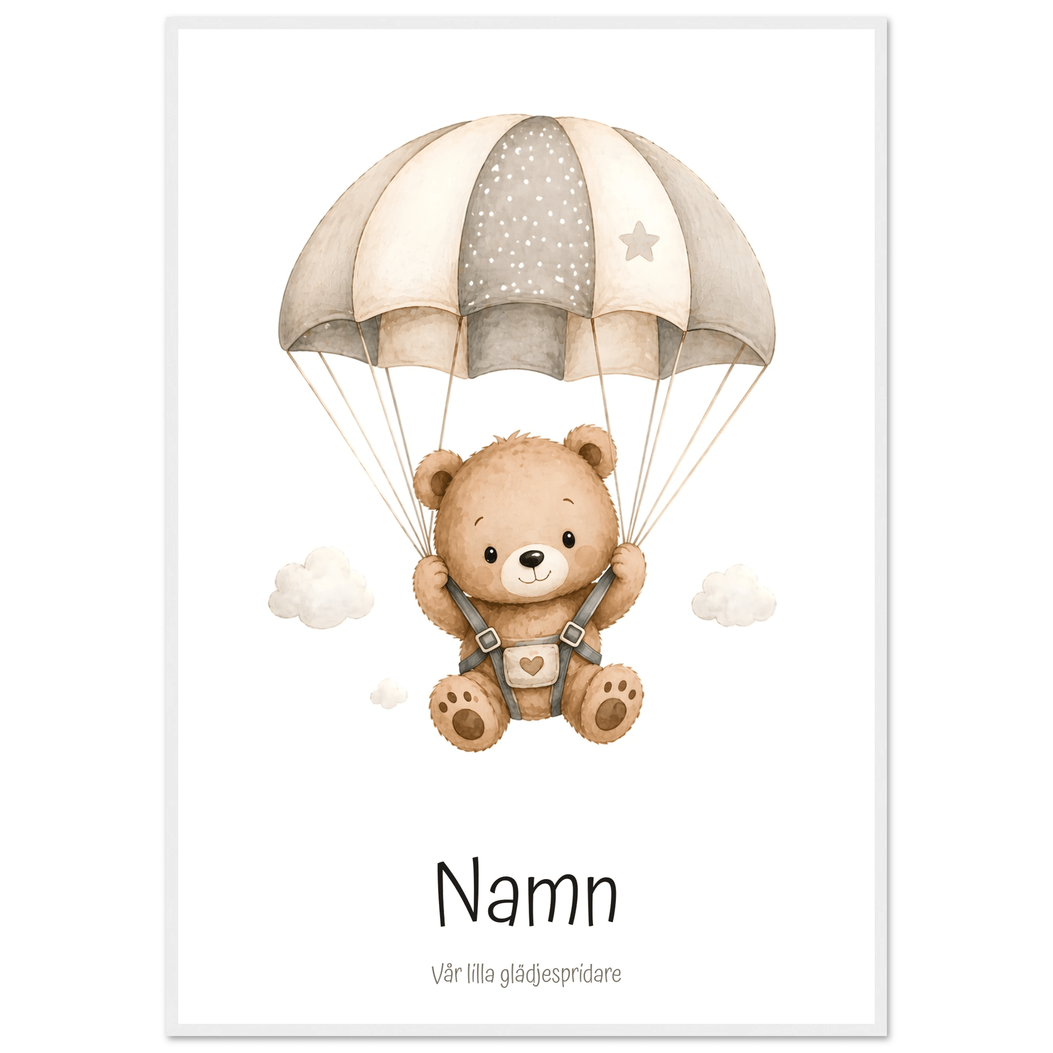 Björn med fallskärm och namn poster