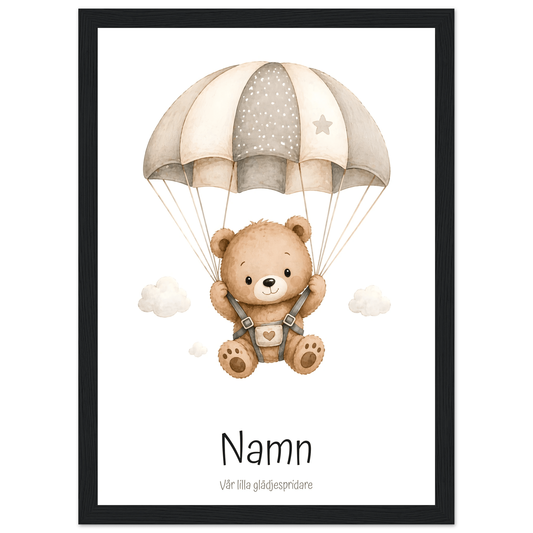 Björn med fallskärm och namn poster