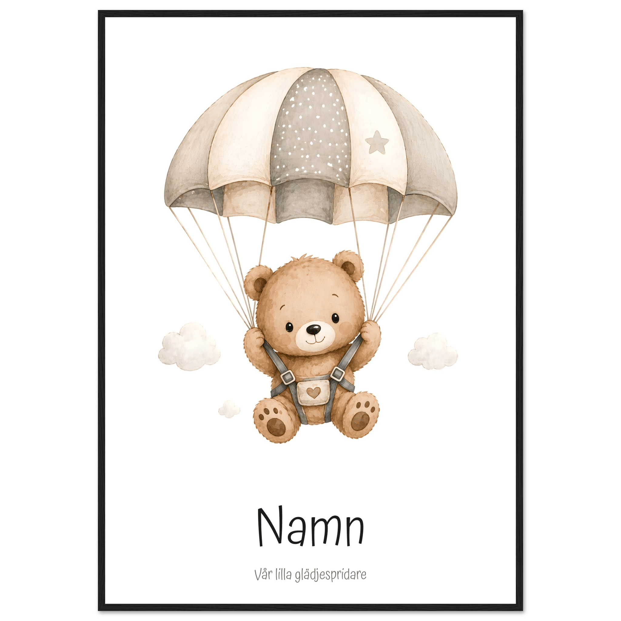 Björn med fallskärm och namn poster