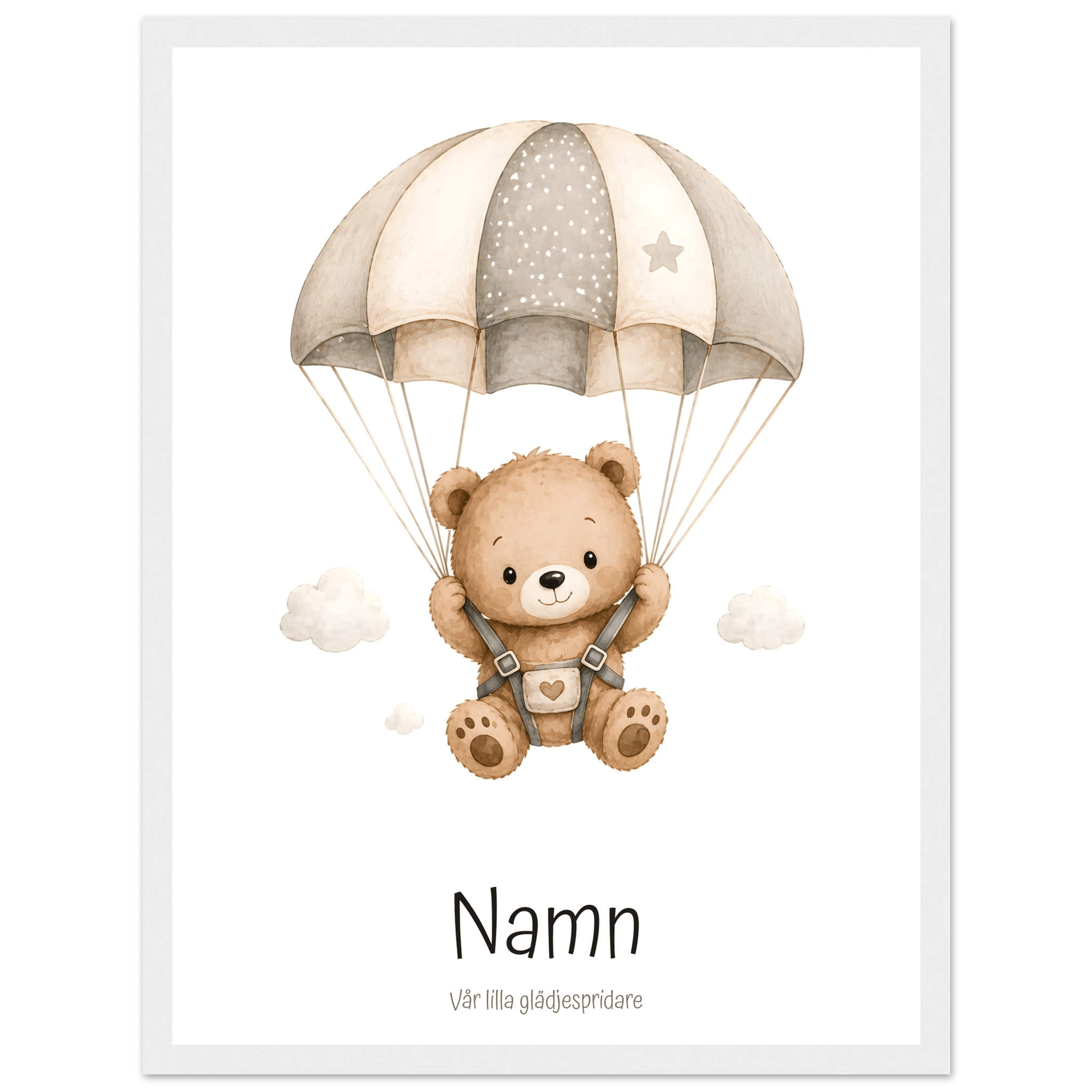 Björn med fallskärm och namn poster