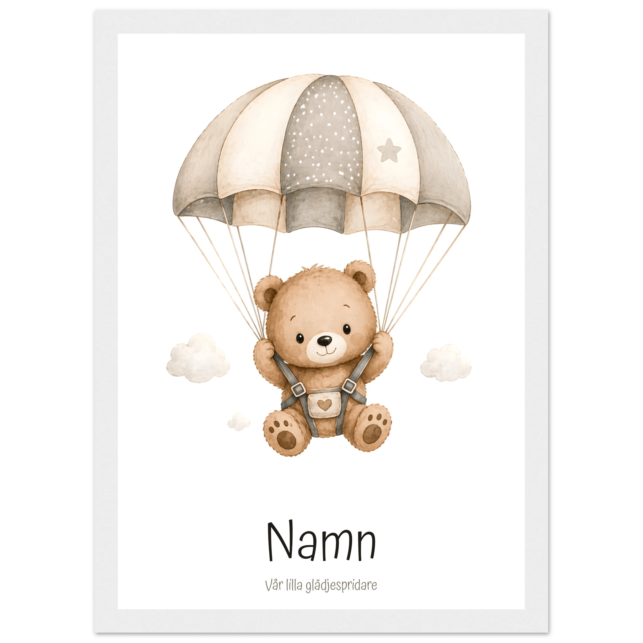 Björn med fallskärm och namn poster