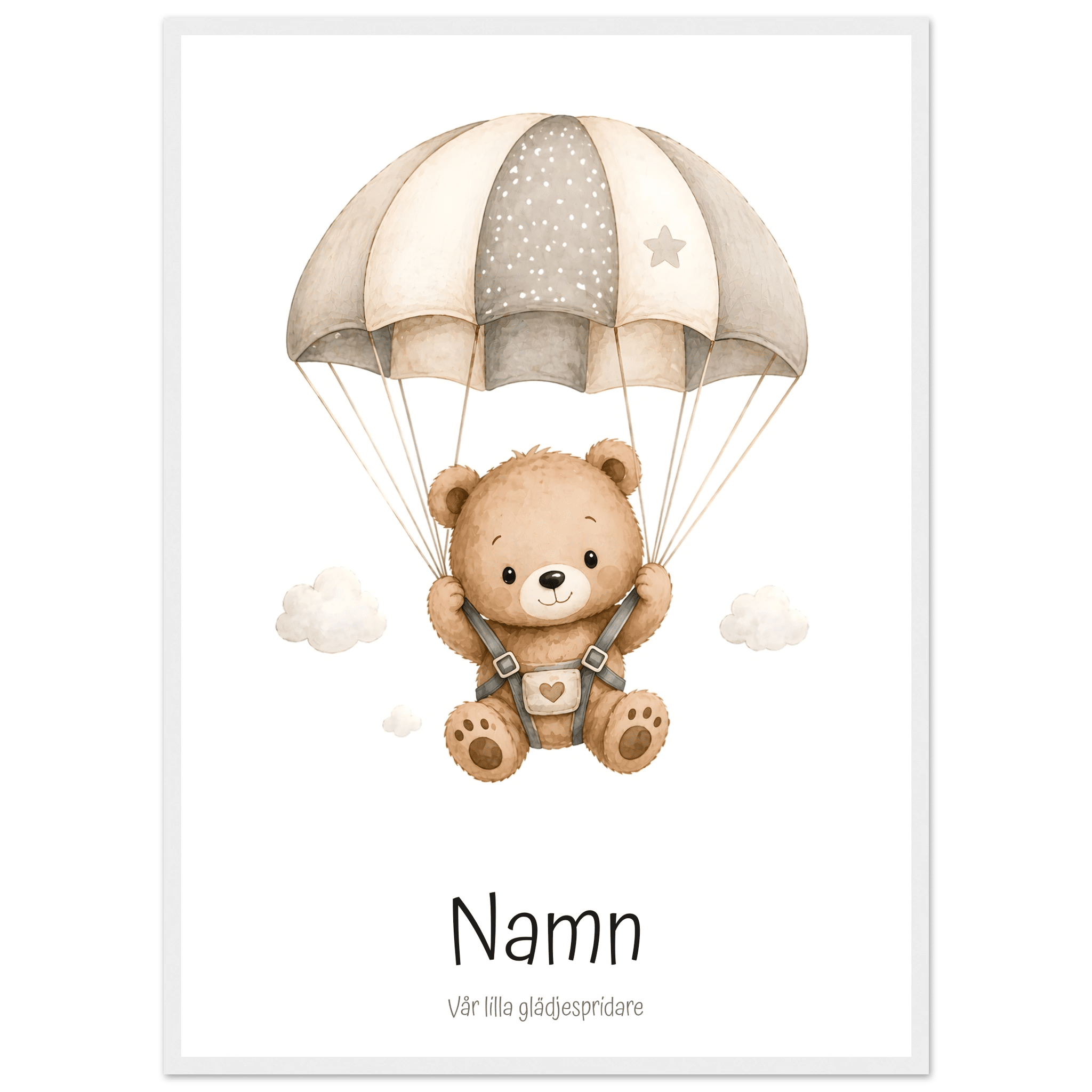 Björn med fallskärm och namn poster