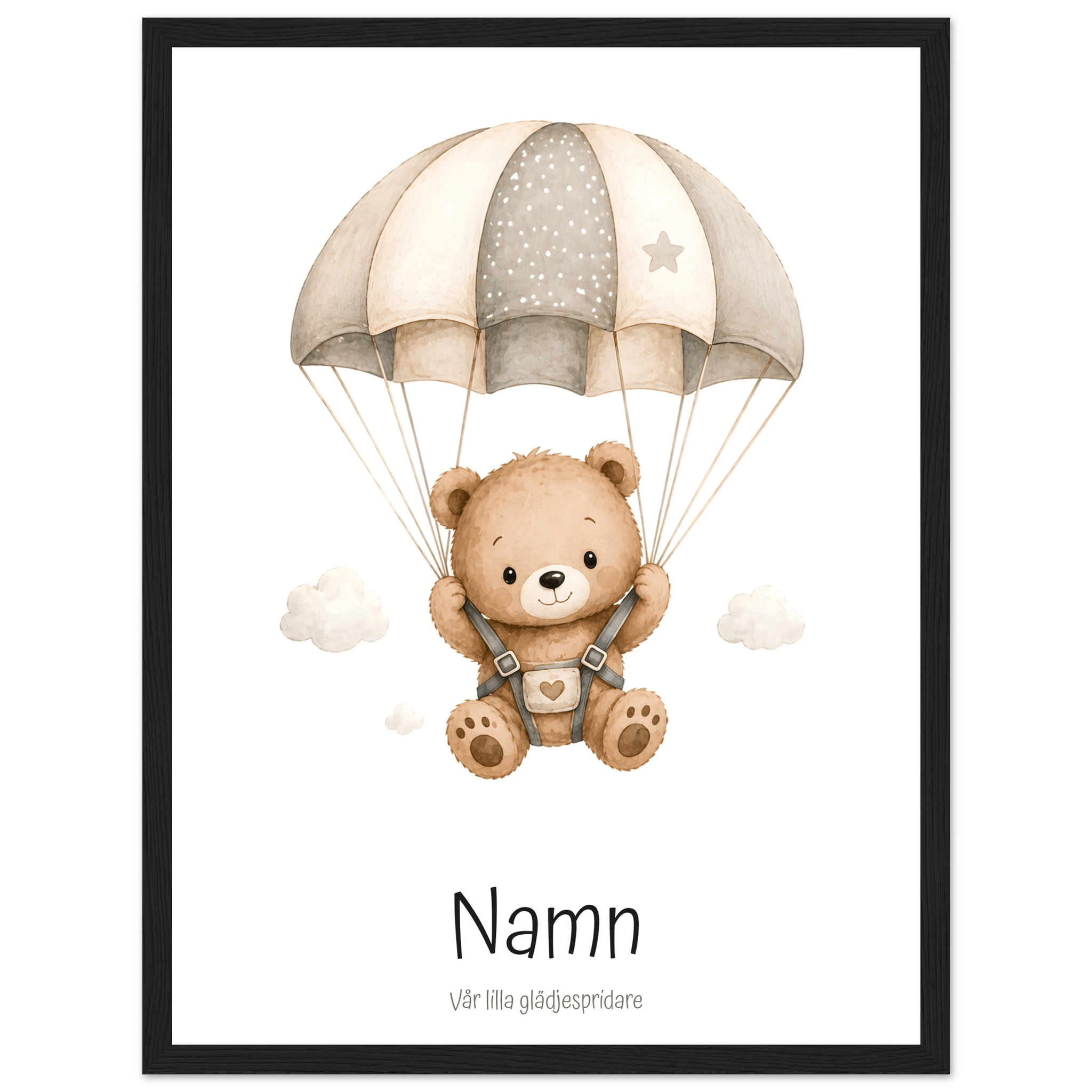 Björn med fallskärm och namn poster