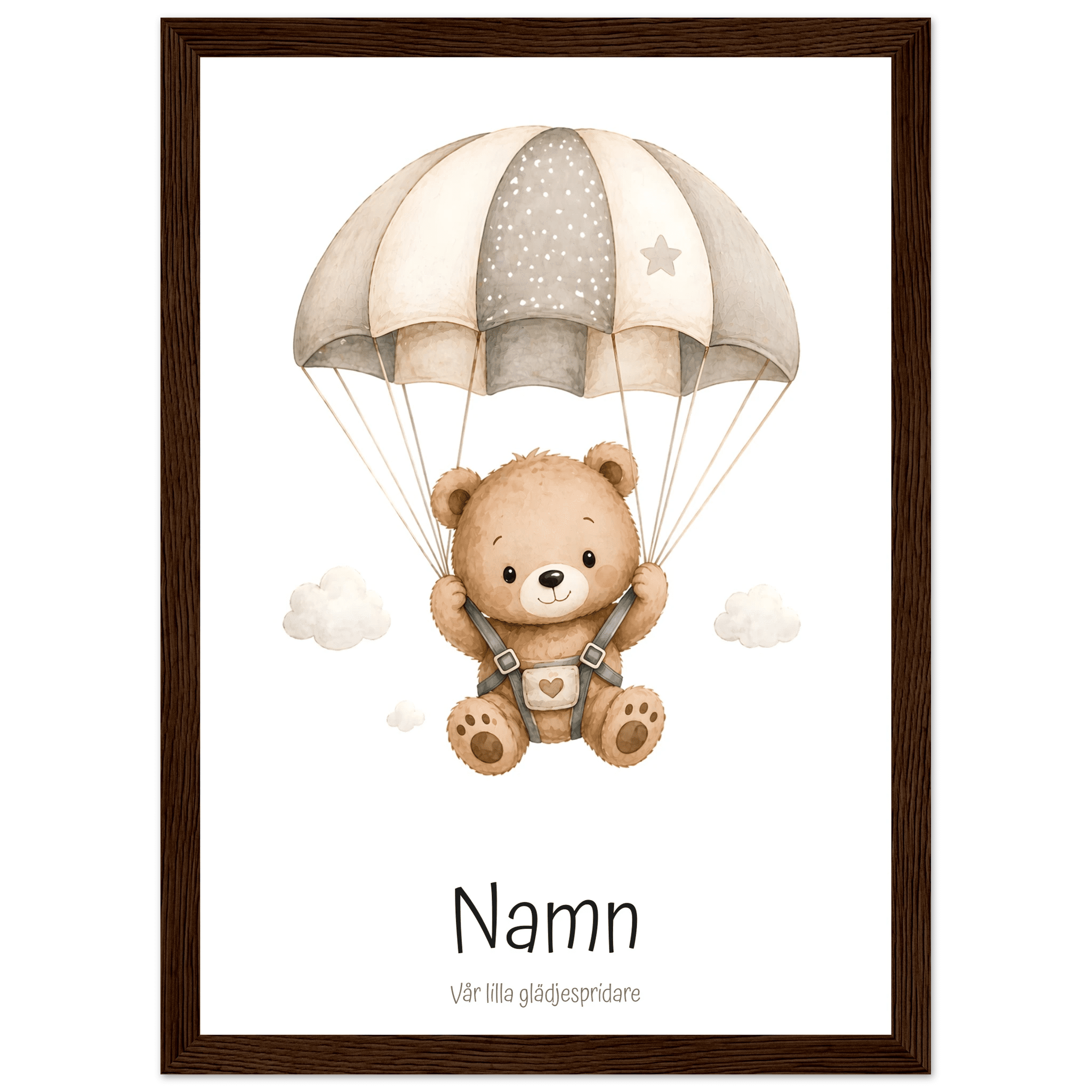Björn med fallskärm och namn poster