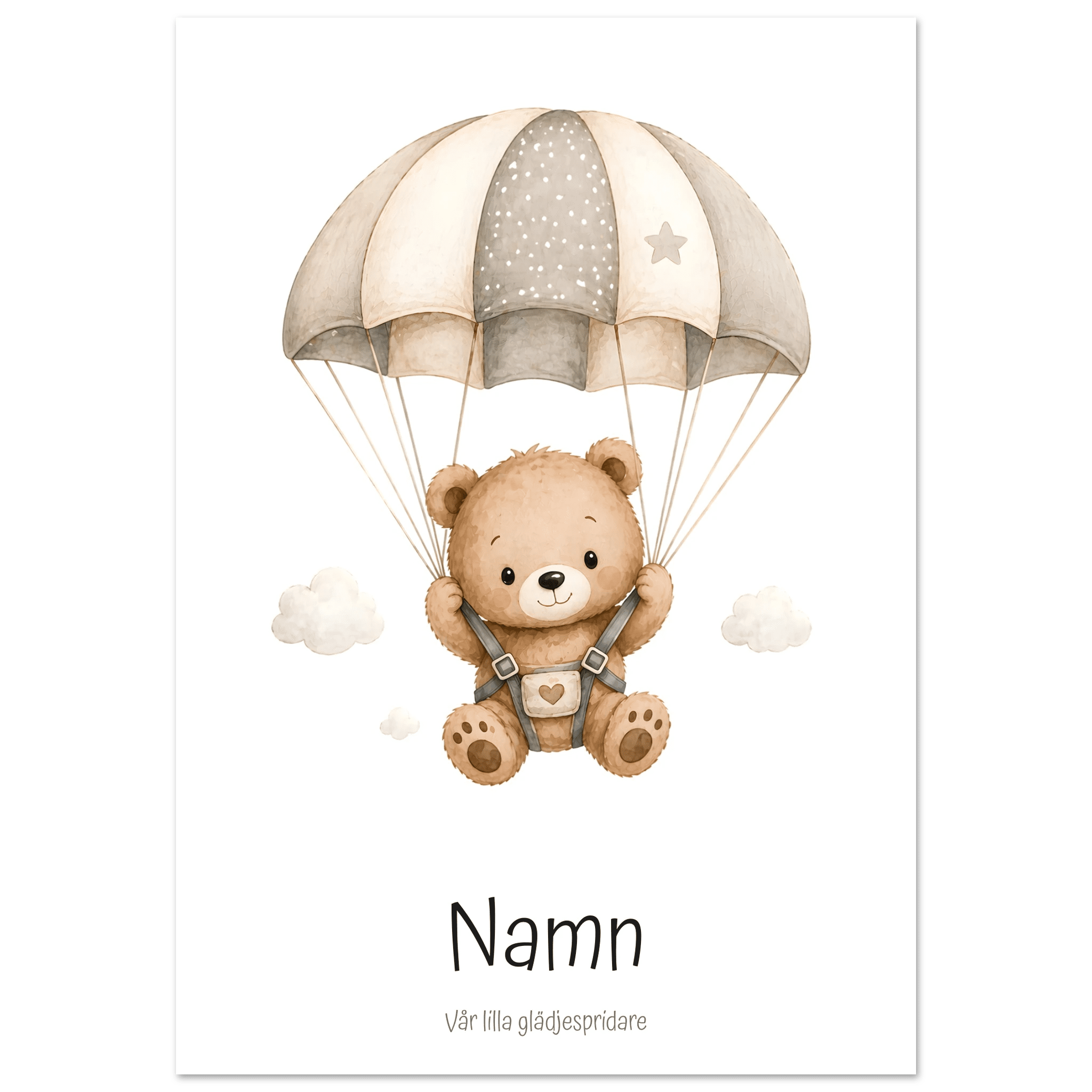 Björn med fallskärm och namn poster