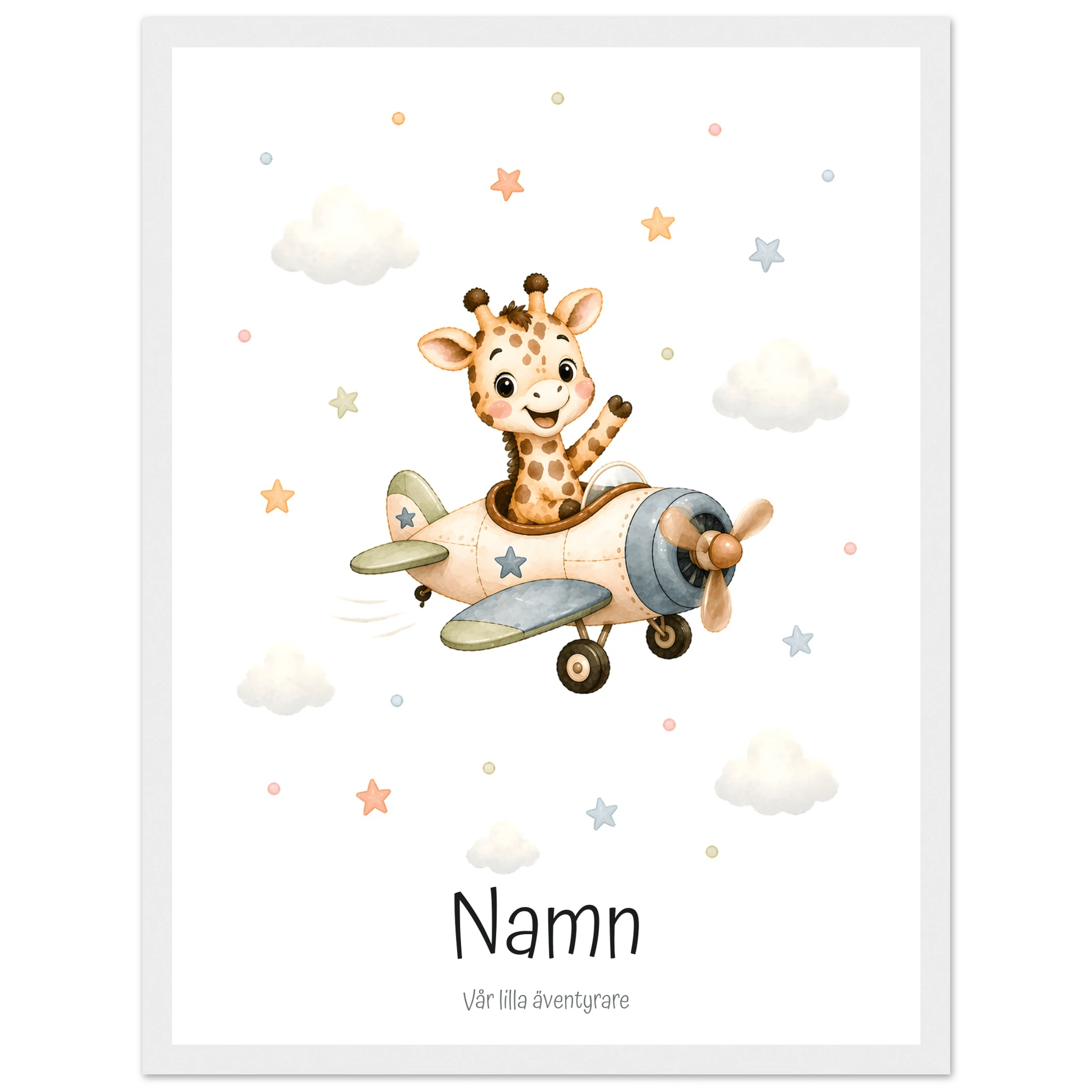 Giraff i flygplan med namn & text poster