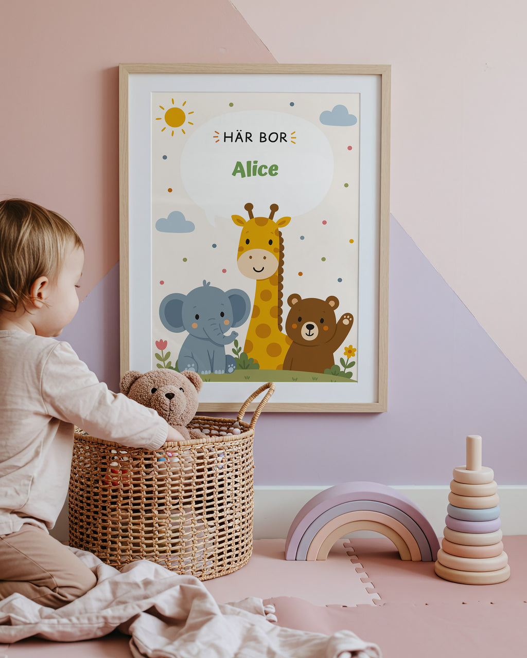 Personlig namnposter med djur – Här bor med grön text