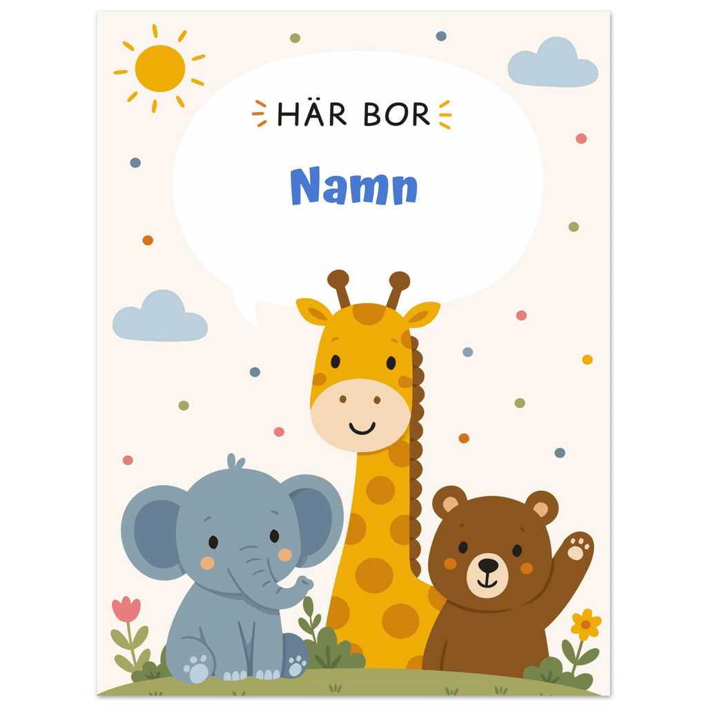 Personlig namnposter med djur – Här bor med blå text poster