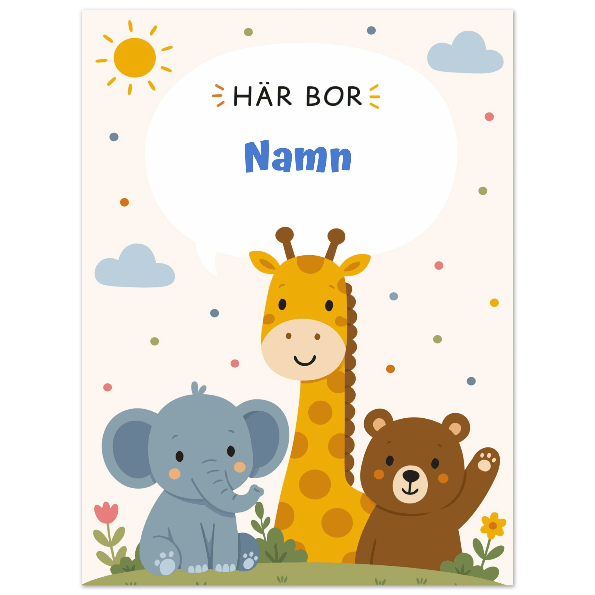 Personlig namnposter med djur – Här bor med blå text poster