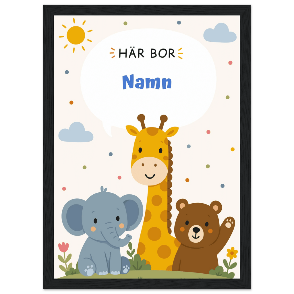 Personlig namnposter med djur – Här bor med blå text poster