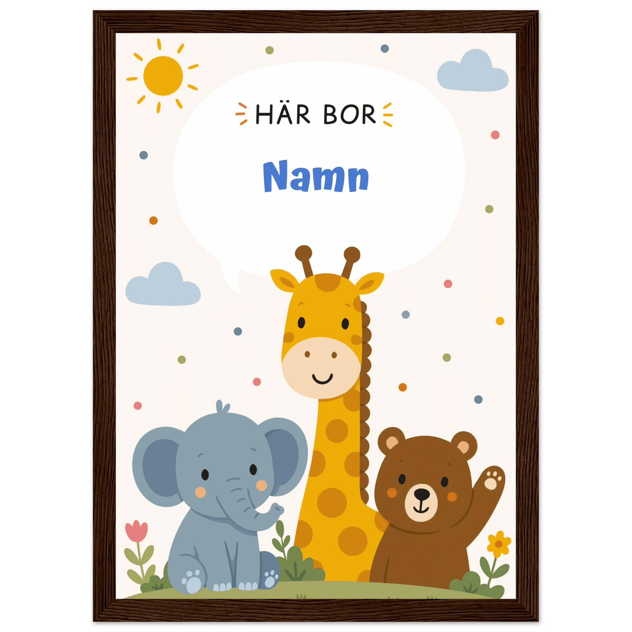 Personlig namnposter med djur – Här bor med blå text poster