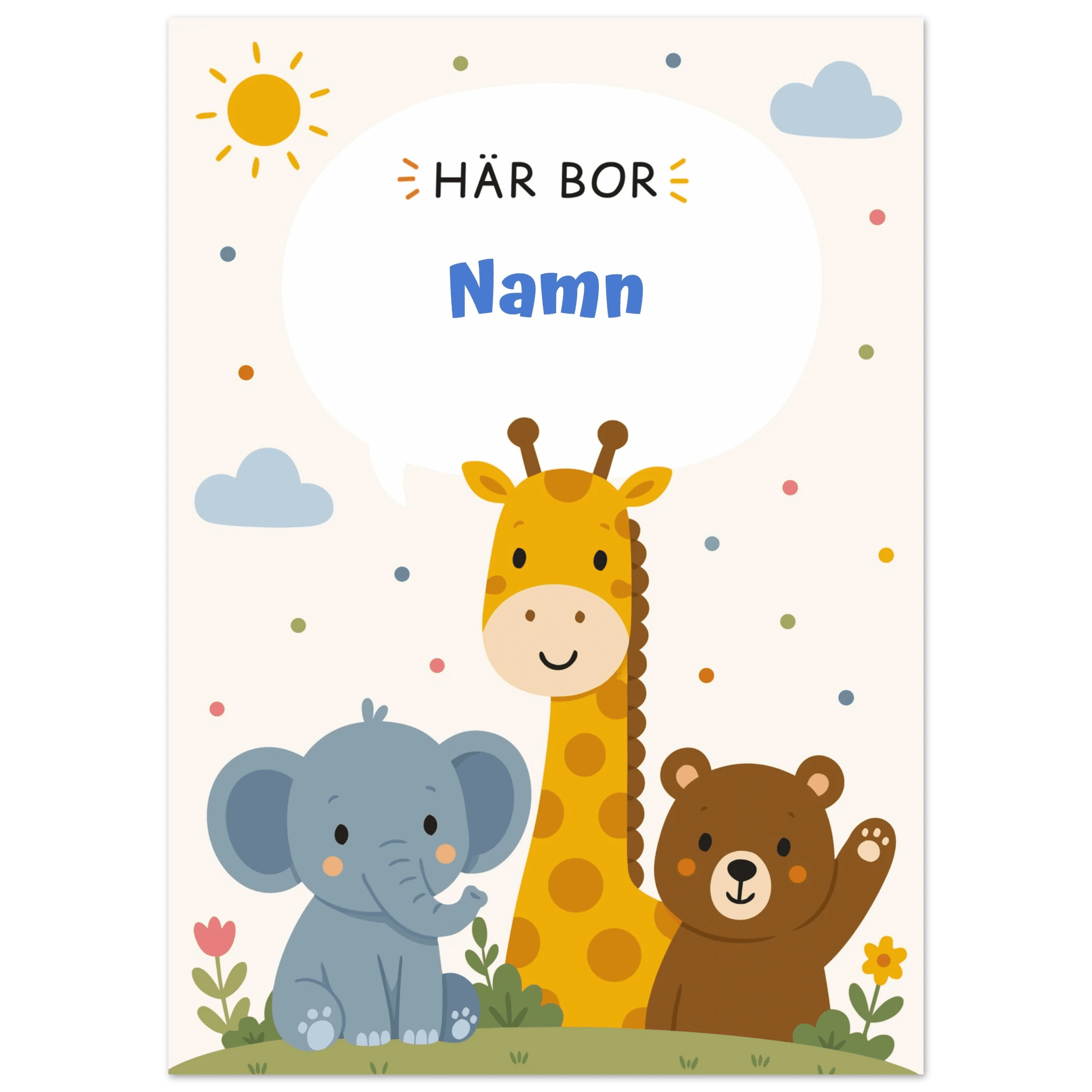 Personlig namnposter med djur – Här bor med blå text poster
