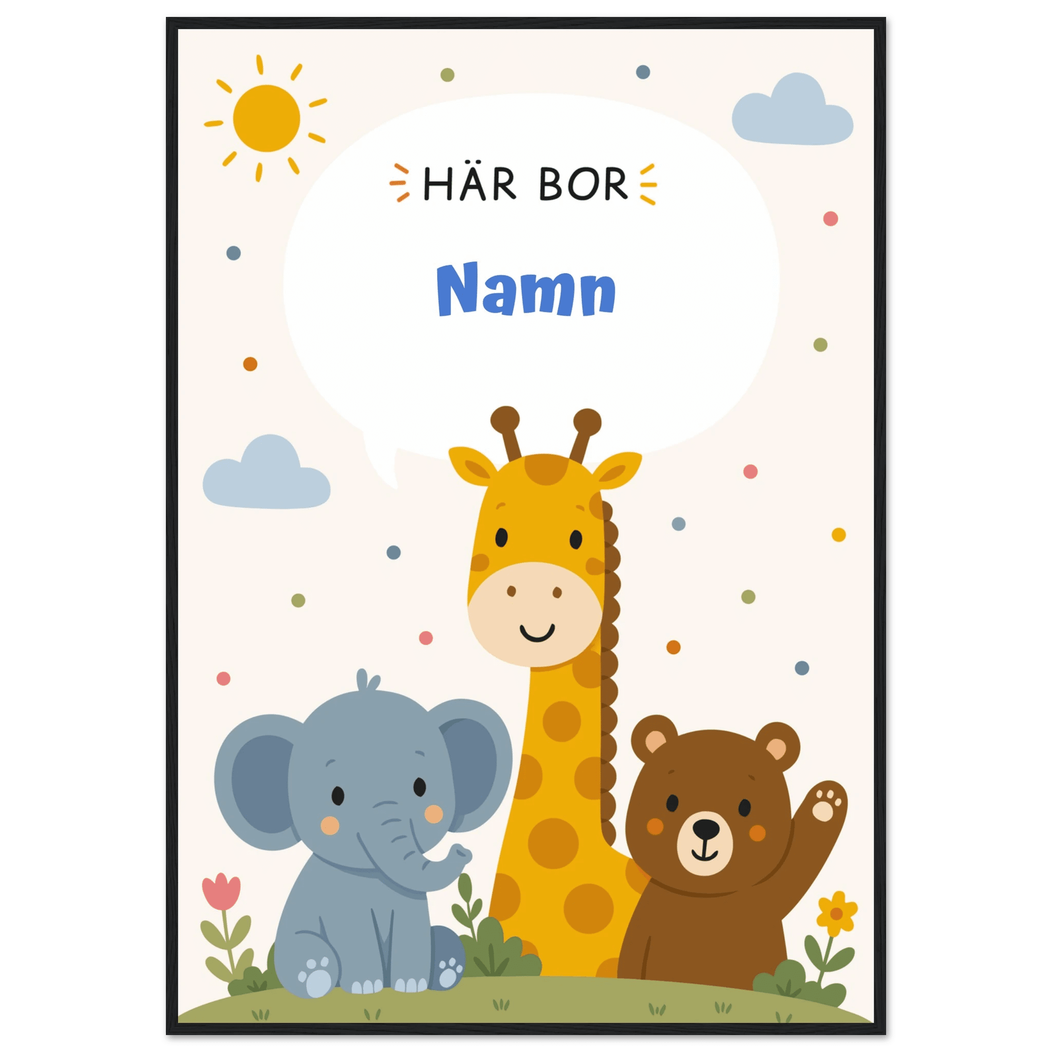 Personlig namnposter med djur – Här bor med blå text poster