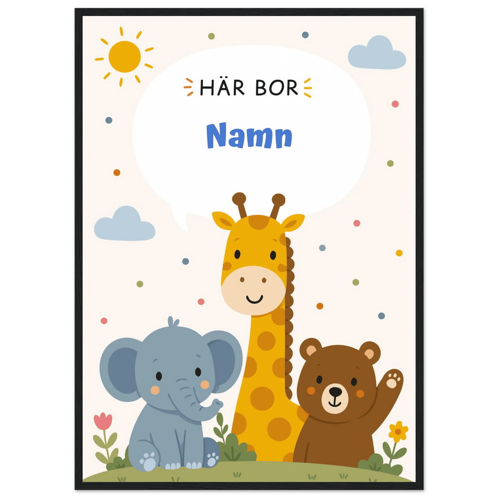 Personlig namnposter med djur – Här bor med blå text poster