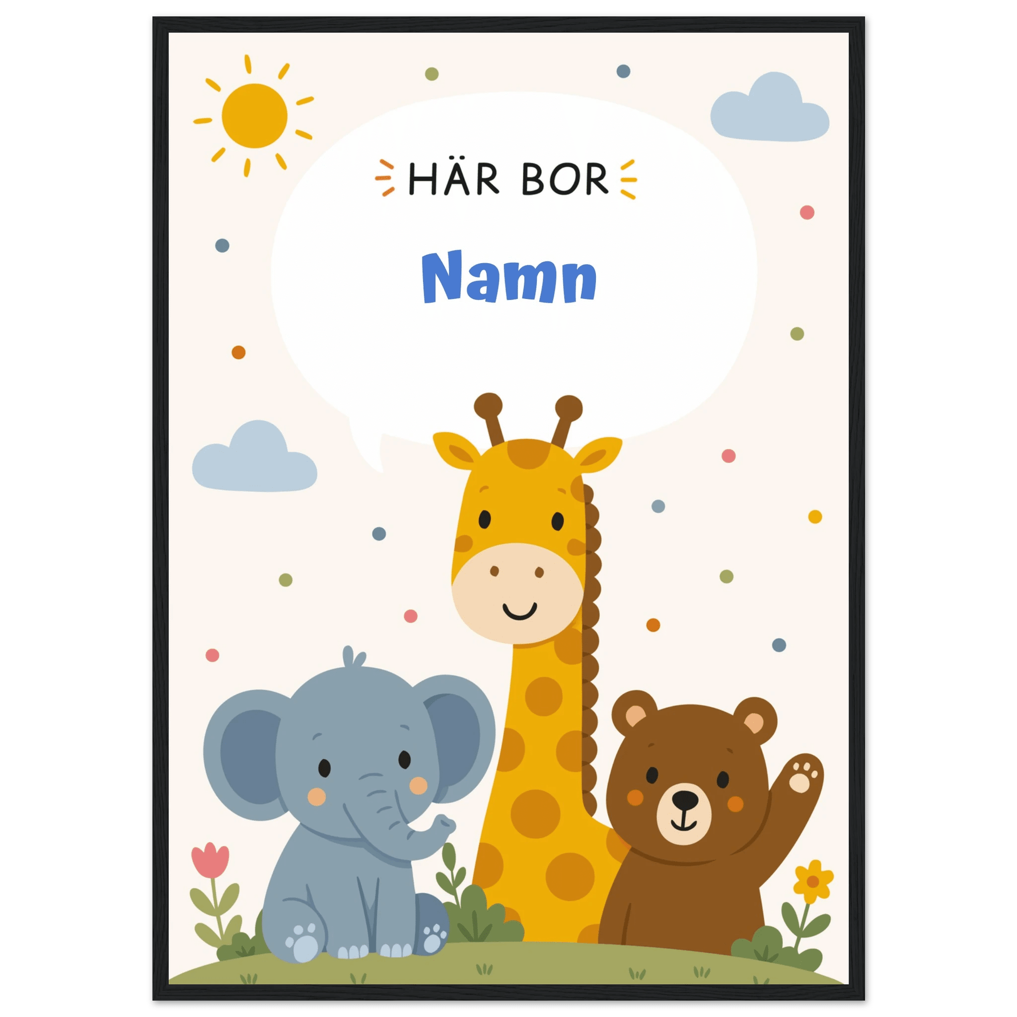 Personlig namnposter med djur – Här bor med blå text poster