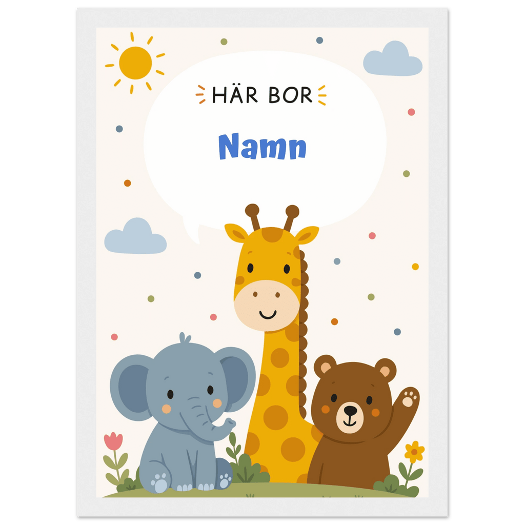 Personlig namnposter med djur – Här bor med blå text poster