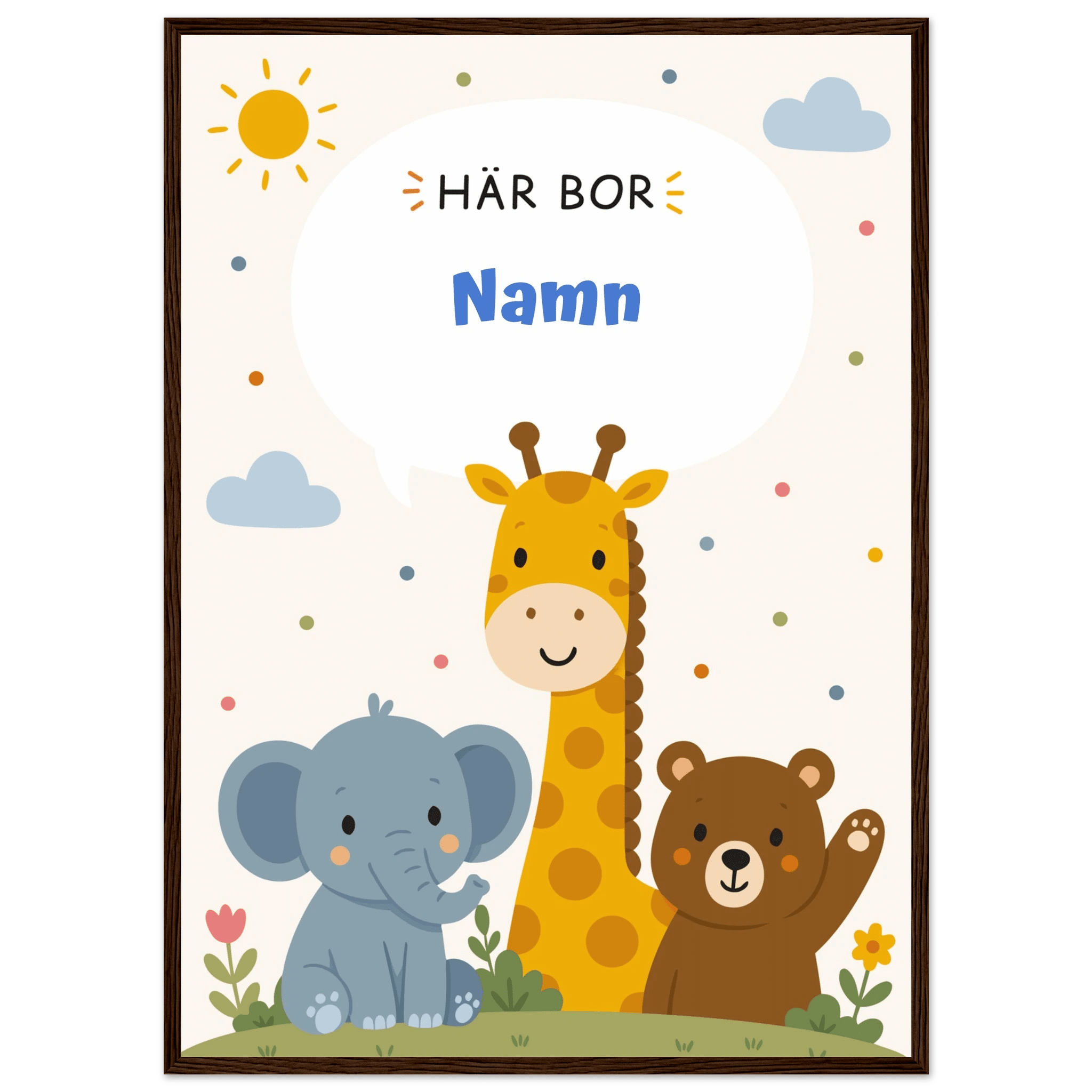 Personlig namnposter med djur – Här bor med blå text poster