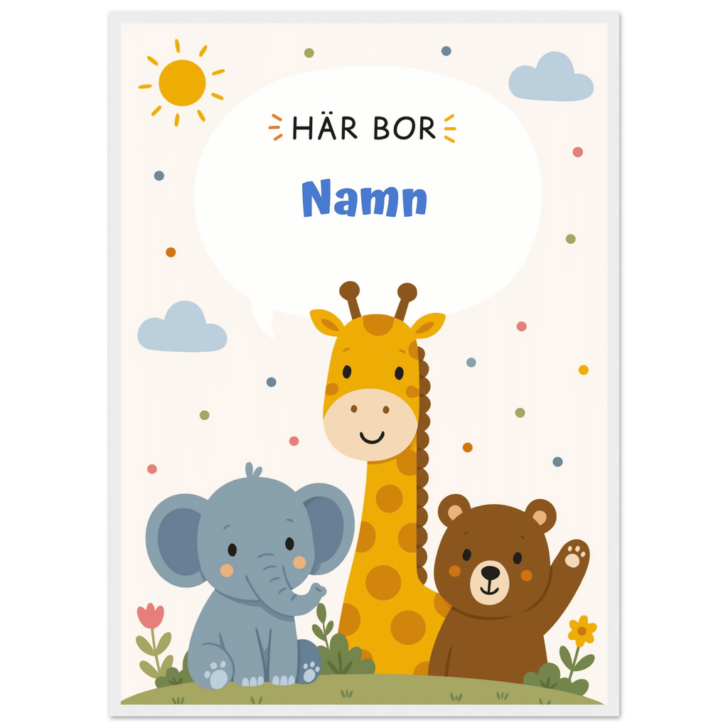 Personlig namnposter med djur – Här bor med blå text poster