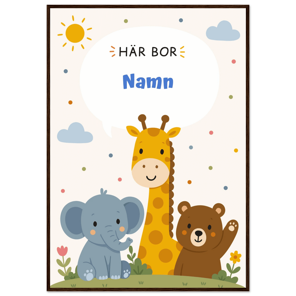 Personlig namnposter med djur – Här bor med blå text poster