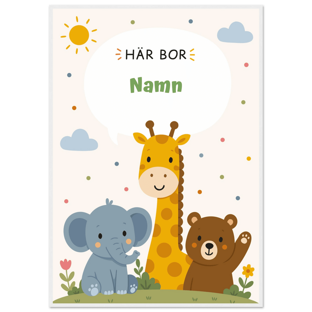 Personlig namnposter med djur – Här bor med grön text poster