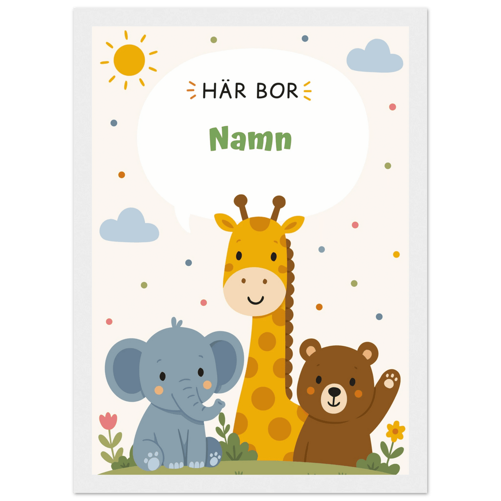 Personlig namnposter med djur – Här bor med grön text poster
