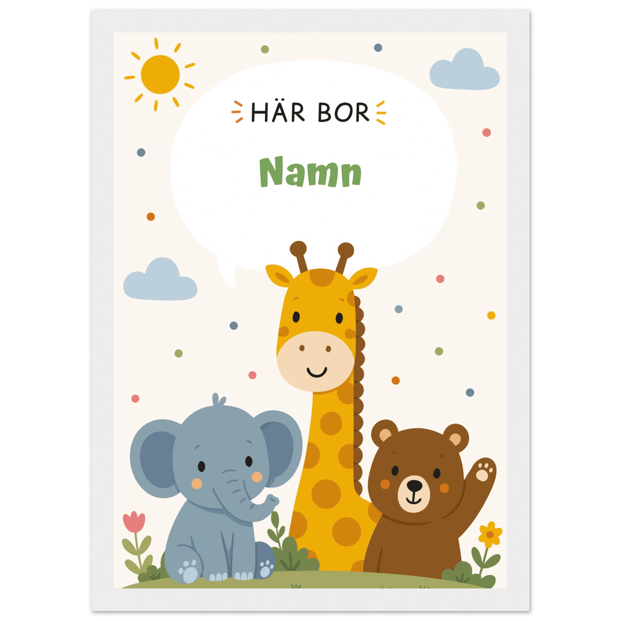 Personlig namnposter med djur – Här bor med grön text poster