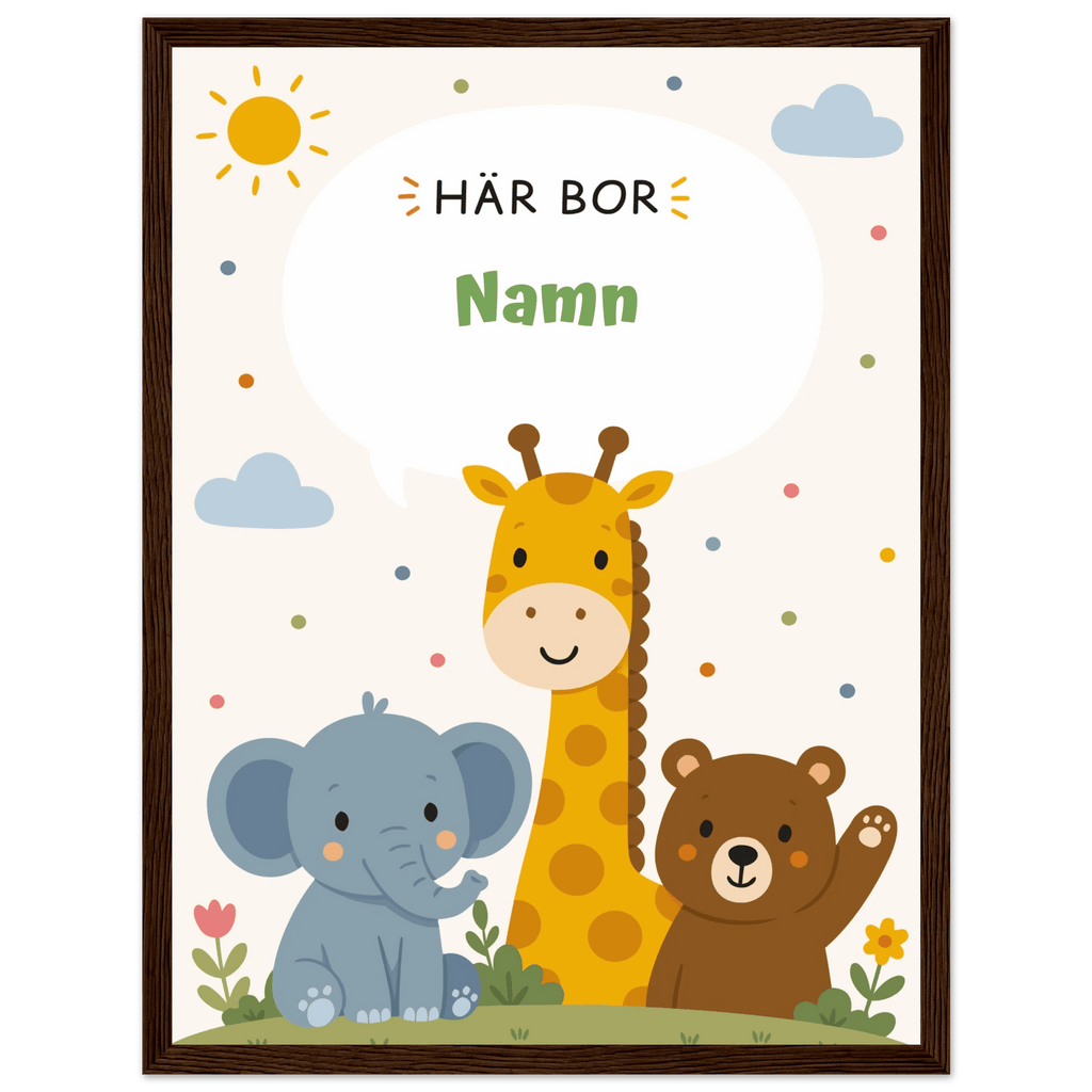 Personlig namnposter med djur – Här bor med grön text poster