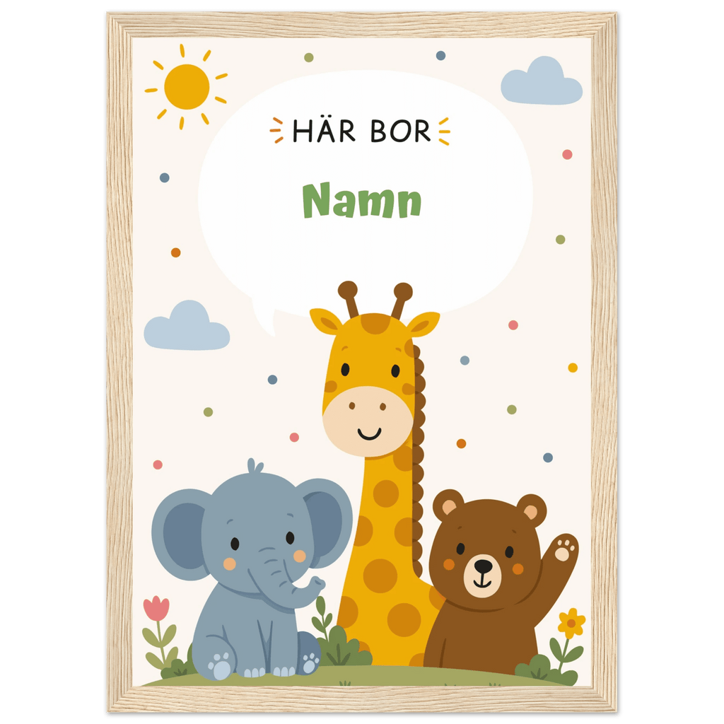 Personlig namnposter med djur – Här bor med grön text poster