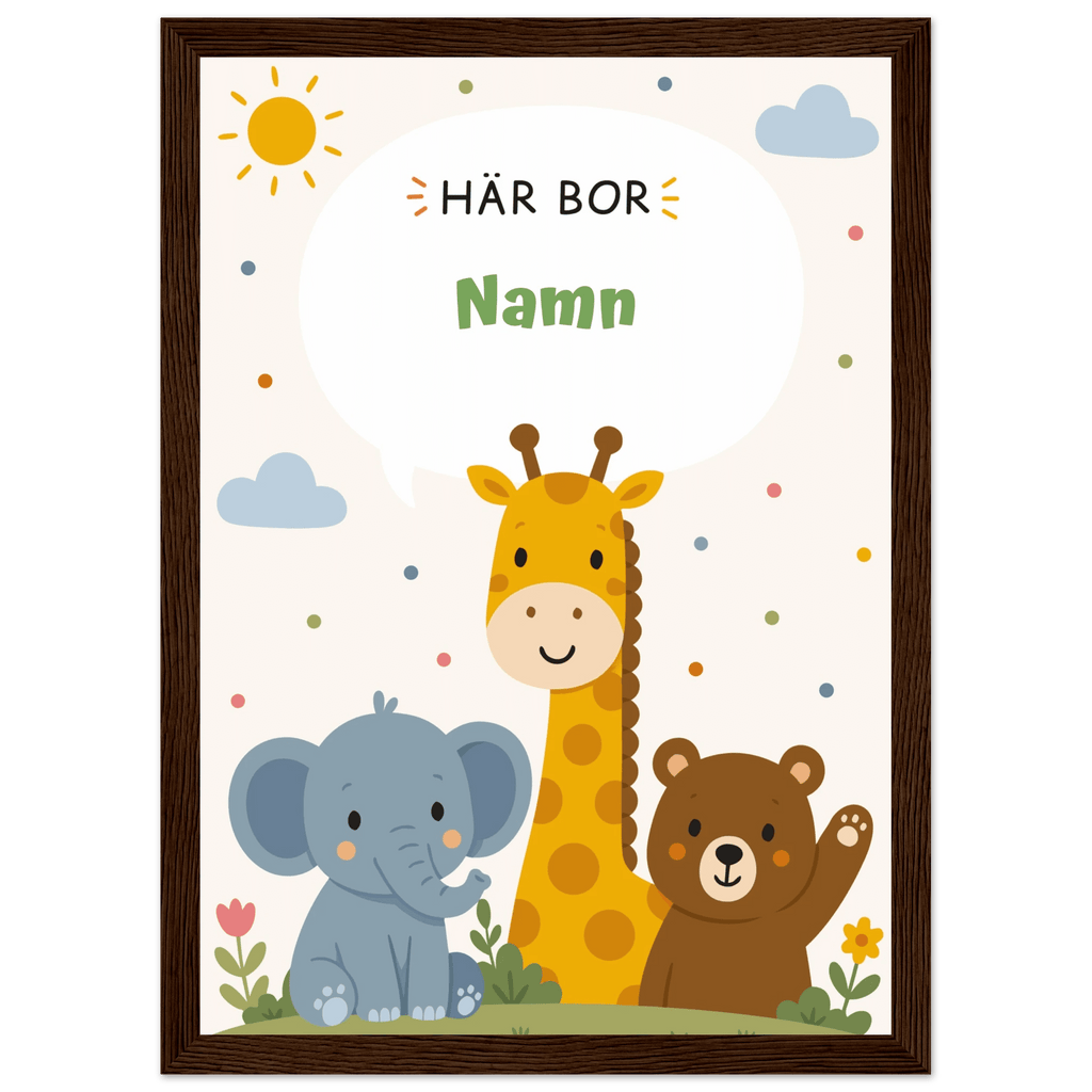 Personlig namnposter med djur – Här bor med grön text poster