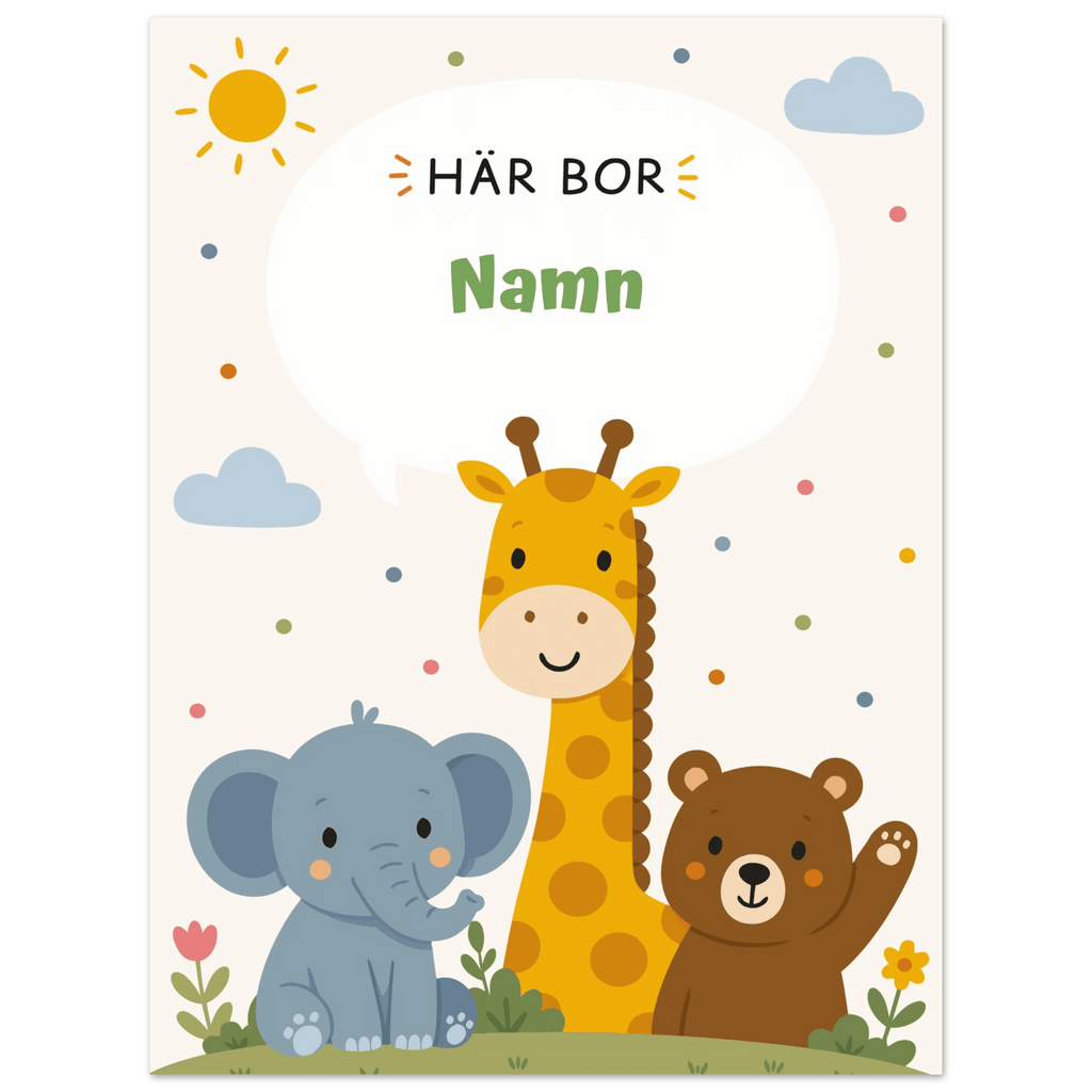 Personlig namnposter med djur – Här bor med grön text poster