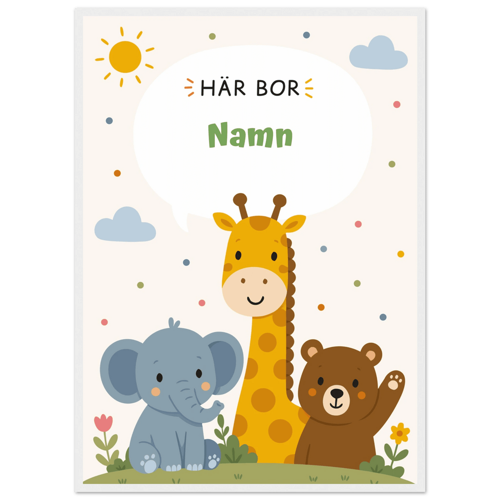 Personlig namnposter med djur – Här bor med grön text poster