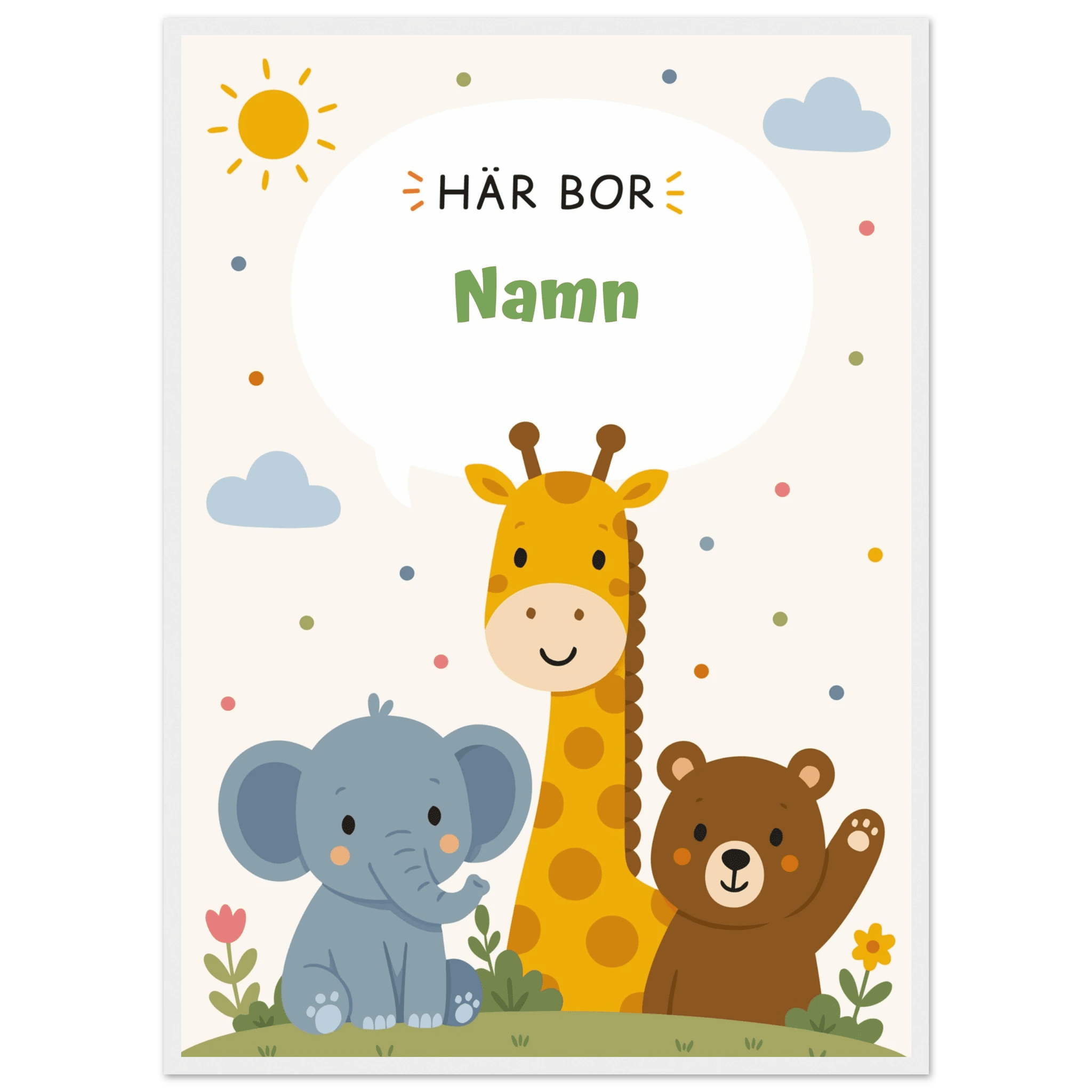 Personlig namnposter med djur – Här bor med grön text poster