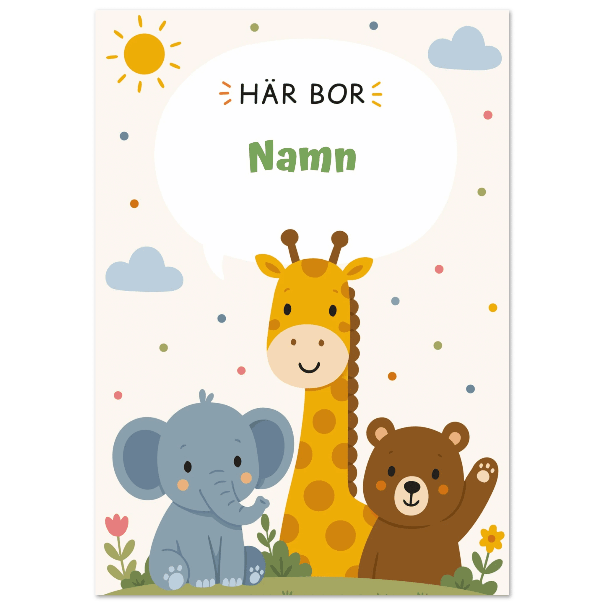 Personlig namnposter med djur – Här bor med grön text poster