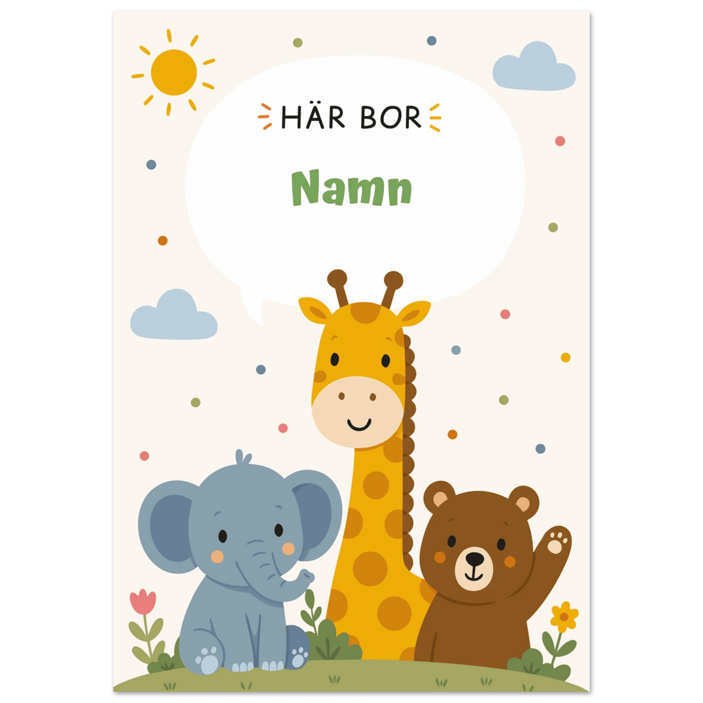 Personlig namnposter med djur – Här bor med grön text poster