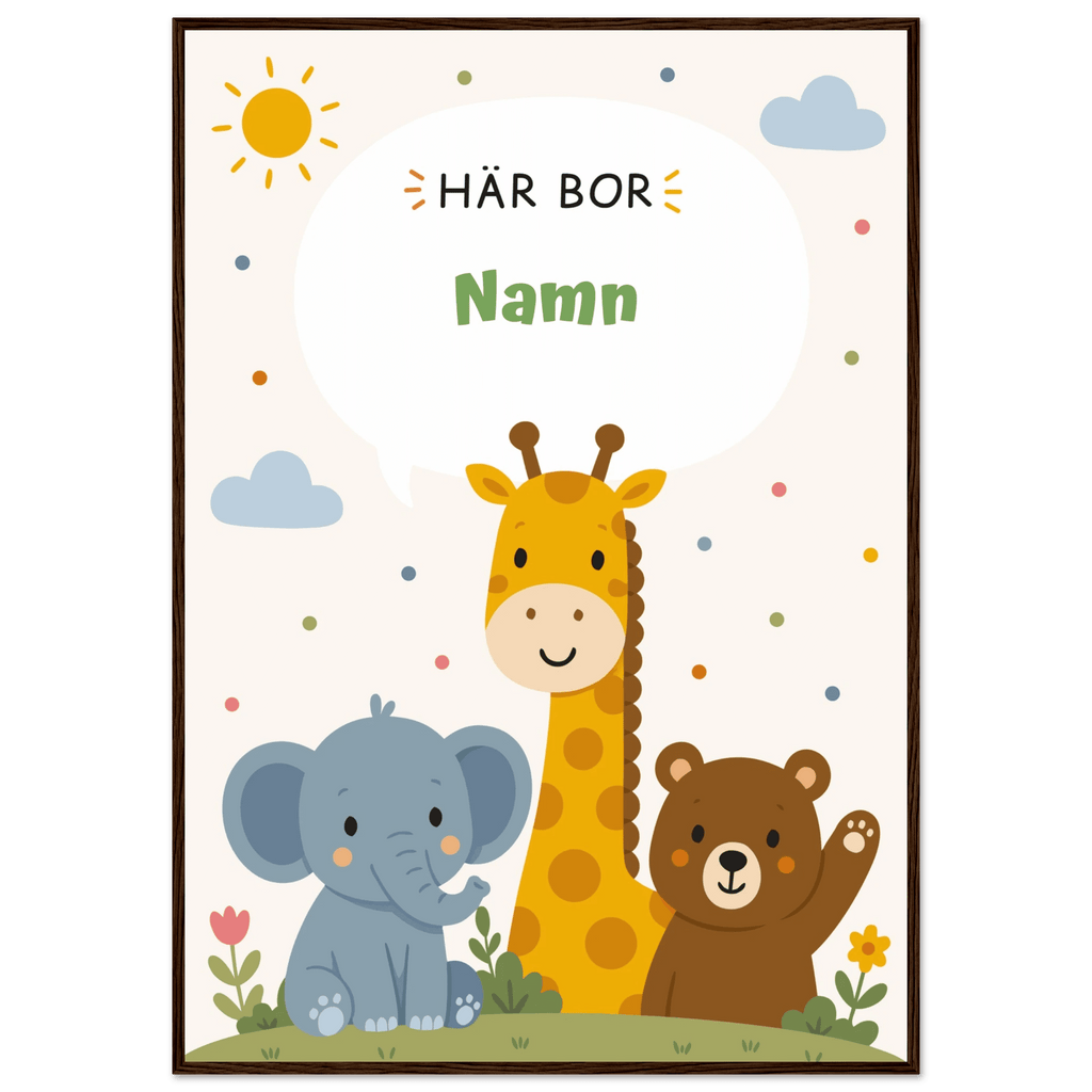Personlig namnposter med djur – Här bor med grön text poster