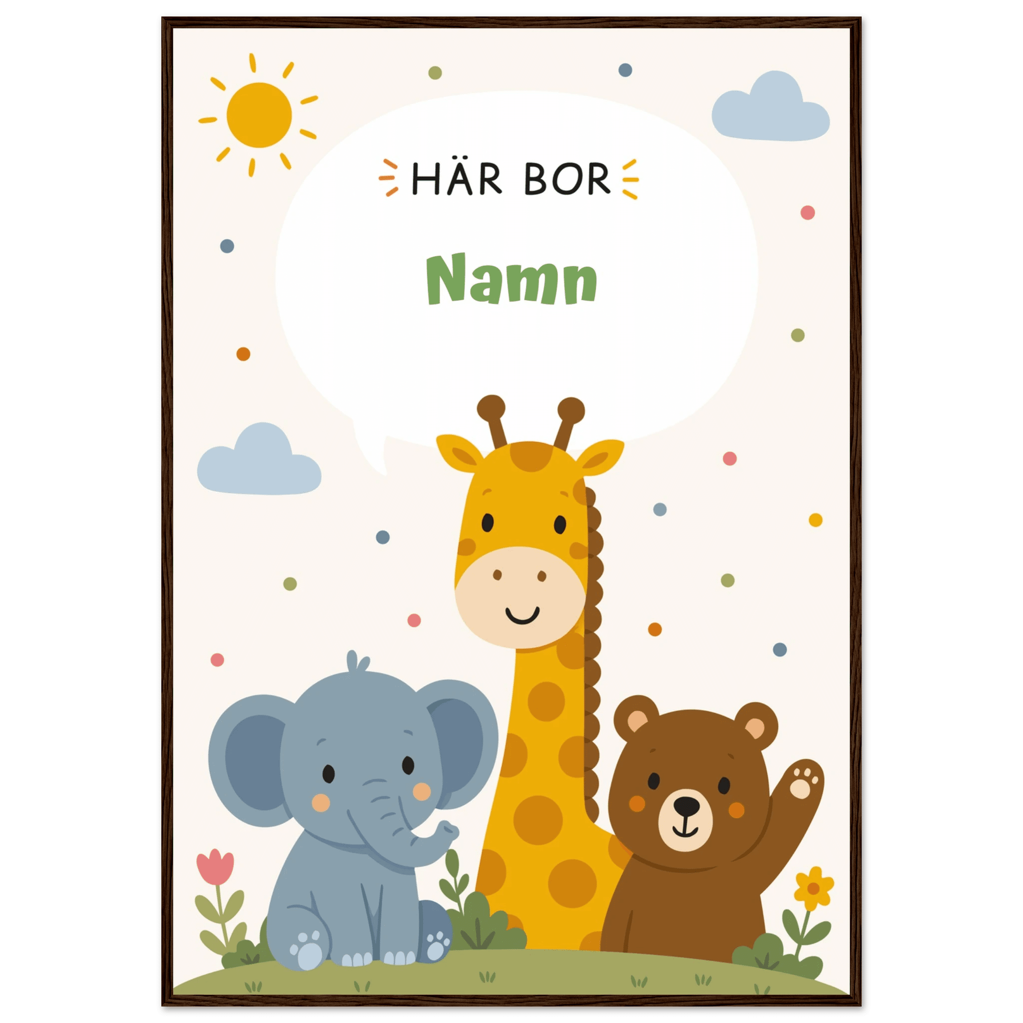 Personlig namnposter med djur – Här bor med grön text poster