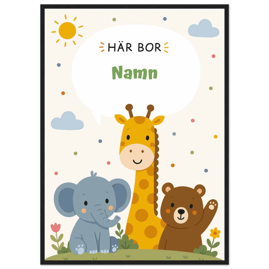 Personlig namnposter med djur – Här bor med grön text poster