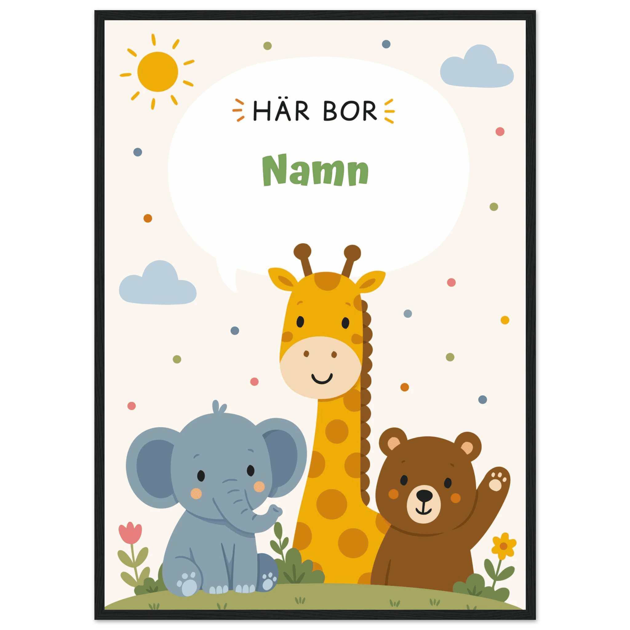 Personlig namnposter med djur – Här bor med grön text poster