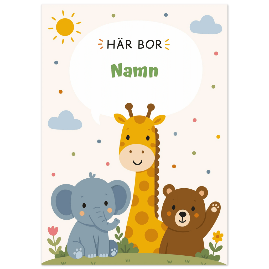 Personlig namnposter med djur – Här bor med grön text poster