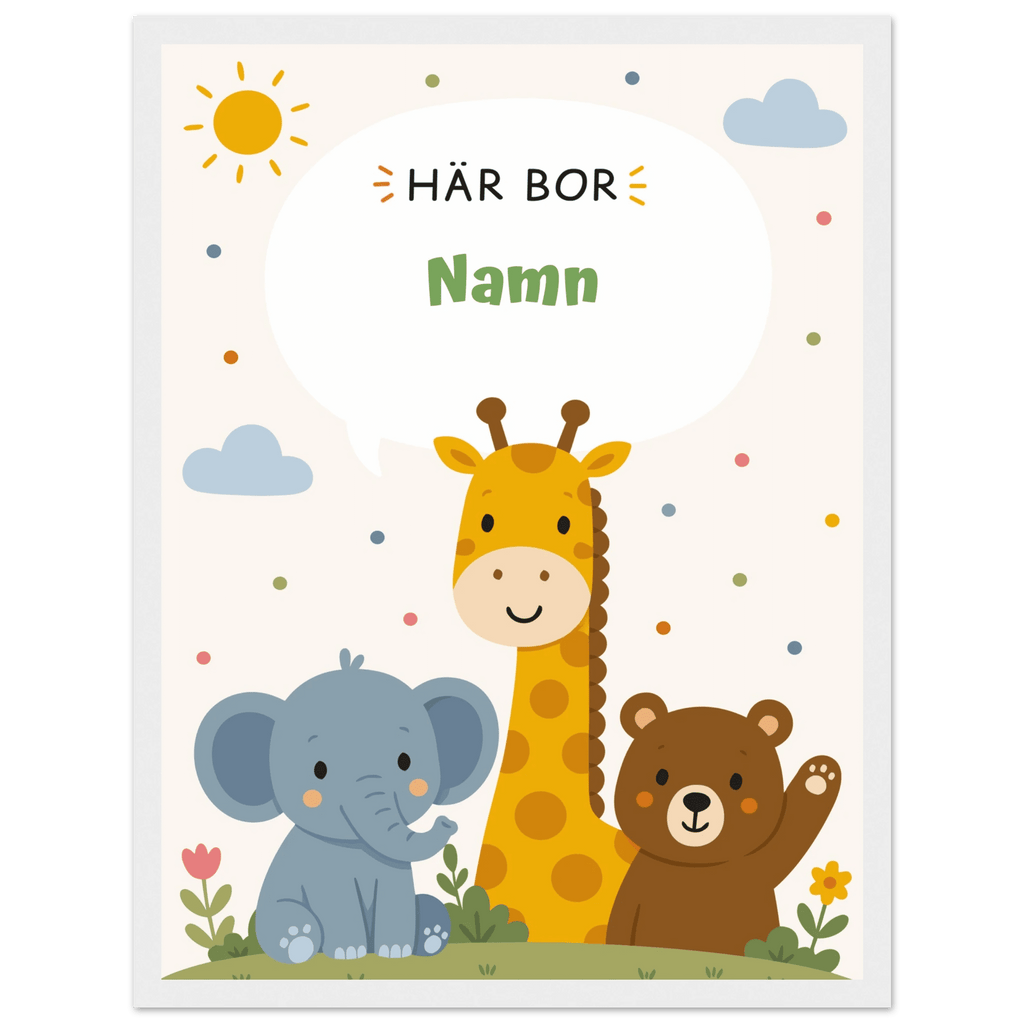 Personlig namnposter med djur – Här bor med grön text poster