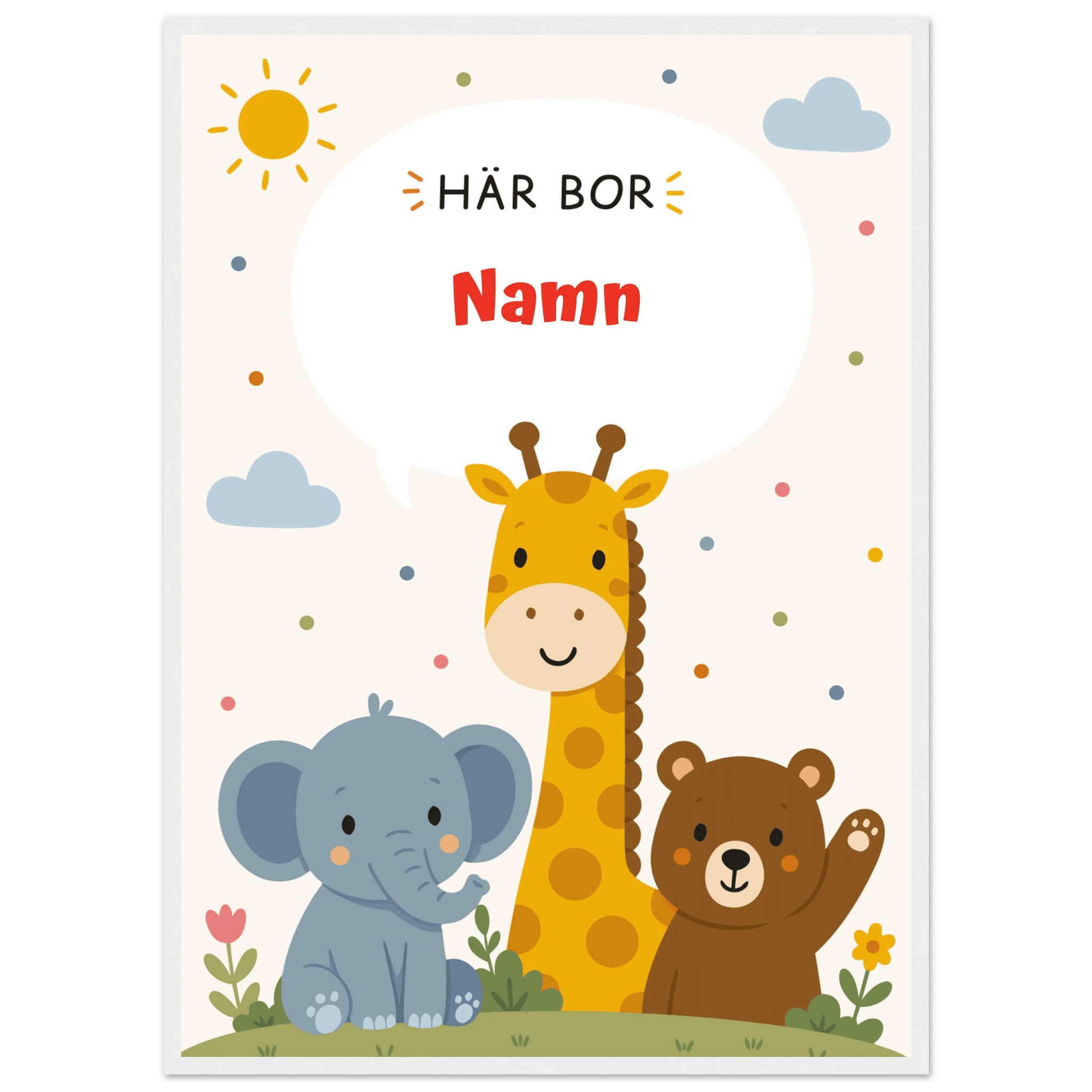 Personlig namnposter med djur – Här bor med röd text poster