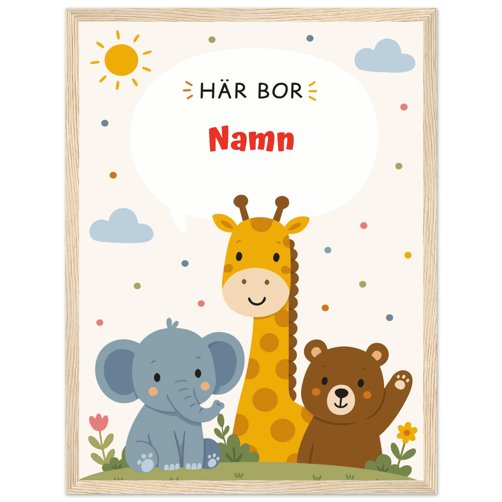Personlig namnposter med djur – Här bor med röd text poster