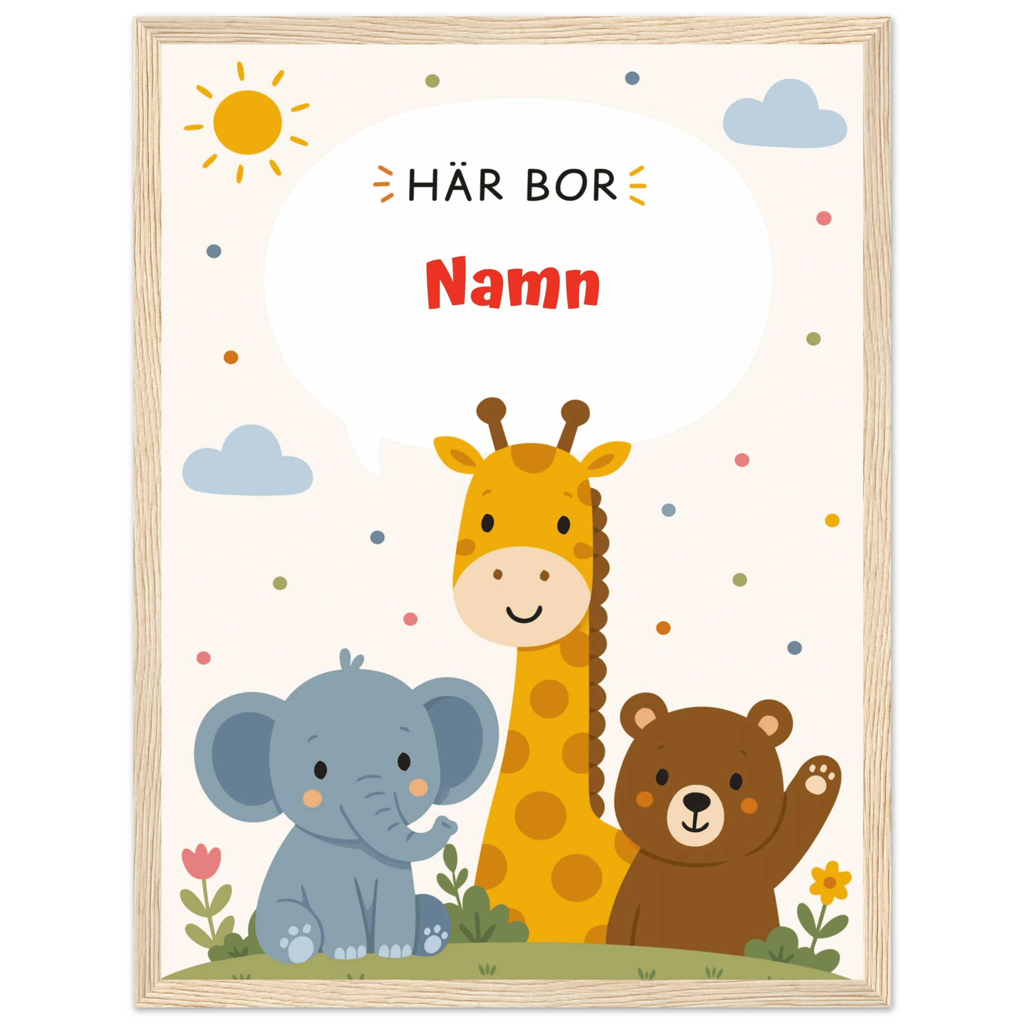 Personlig namnposter med djur – Här bor med röd text poster