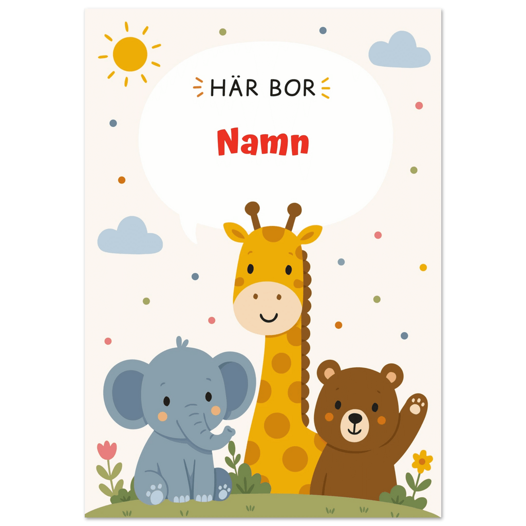 Personlig namnposter med djur – Här bor med röd text poster