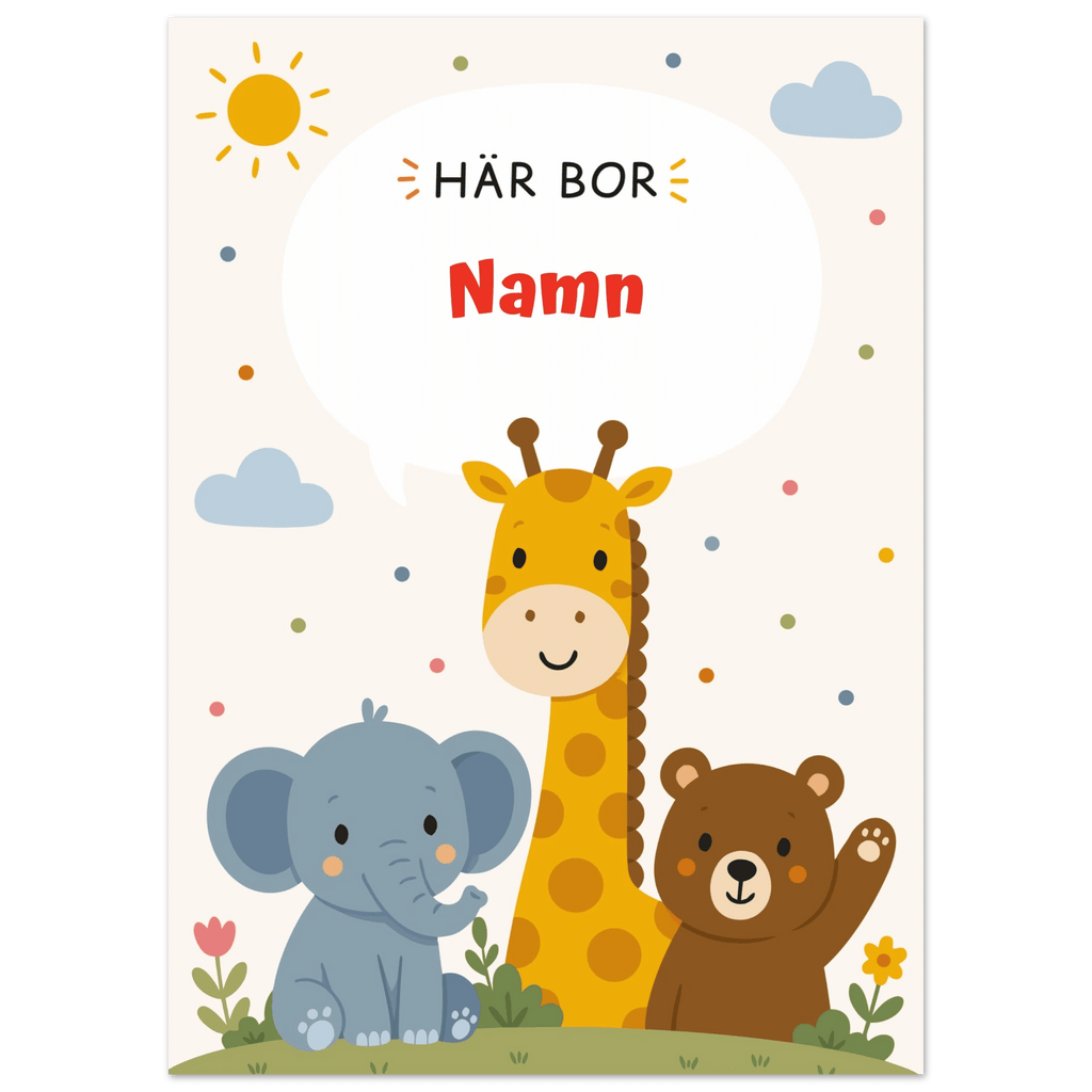 Personlig namnposter med djur – Här bor med röd text poster