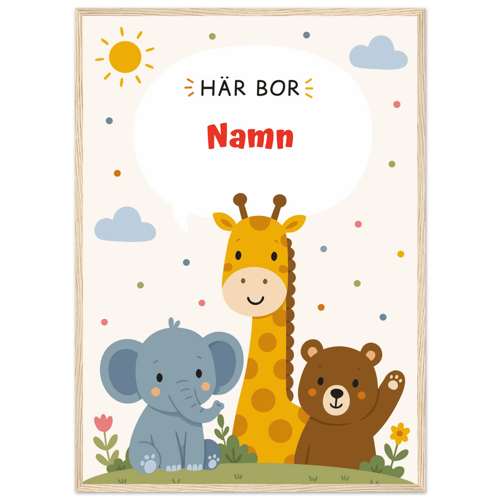 Personlig namnposter med djur – Här bor med röd text poster