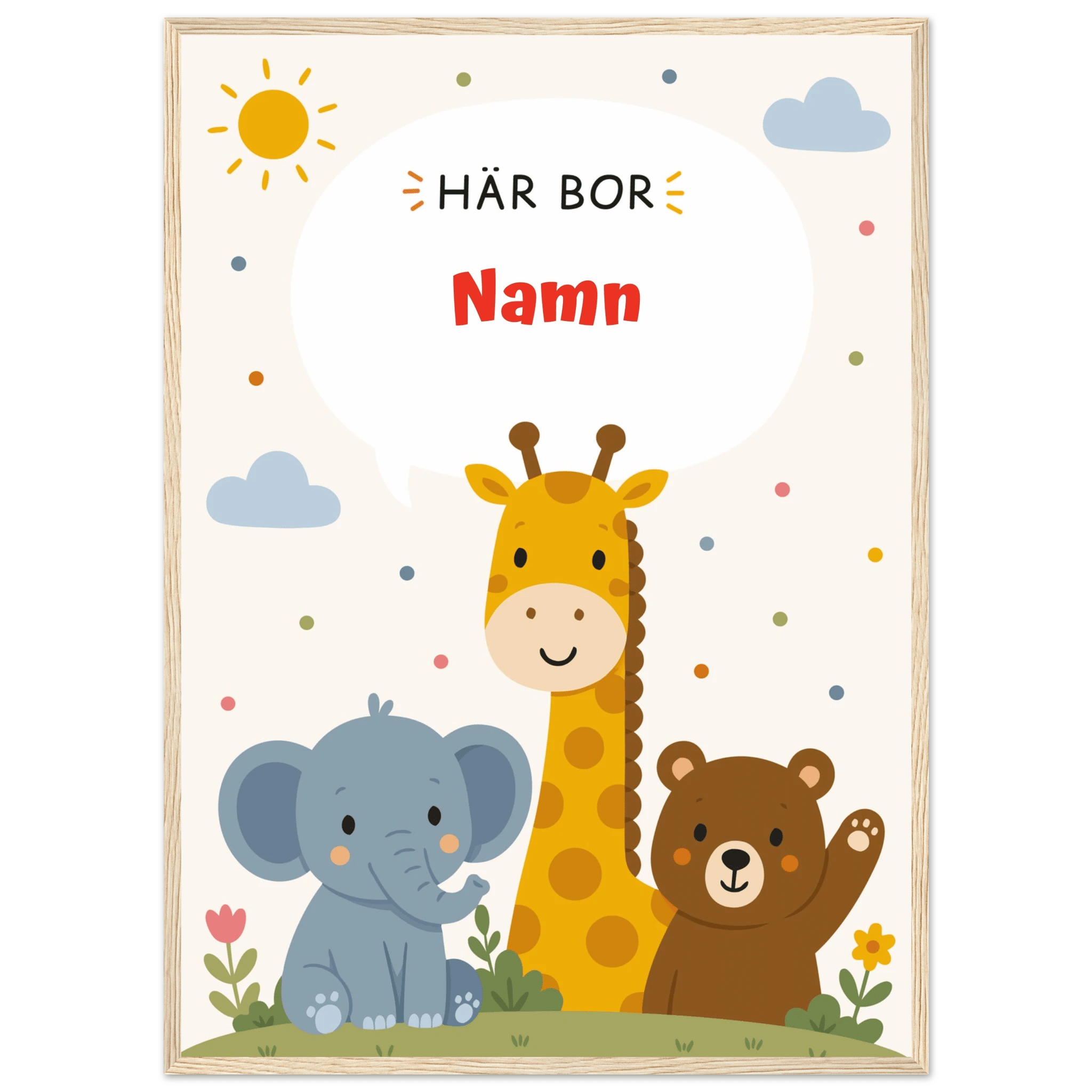 Personlig namnposter med djur – Här bor med röd text poster